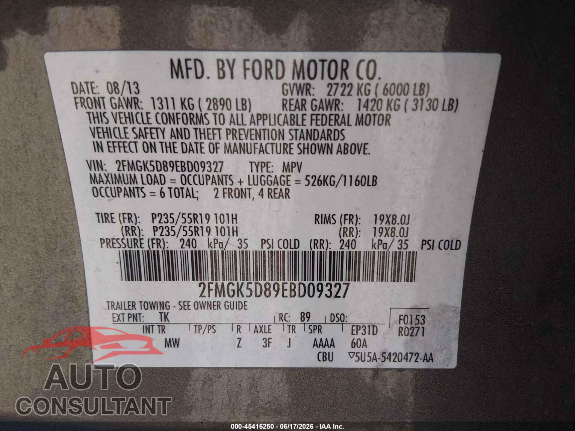 FORD FLEX 2014 - 2FMGK5D89EBD09327