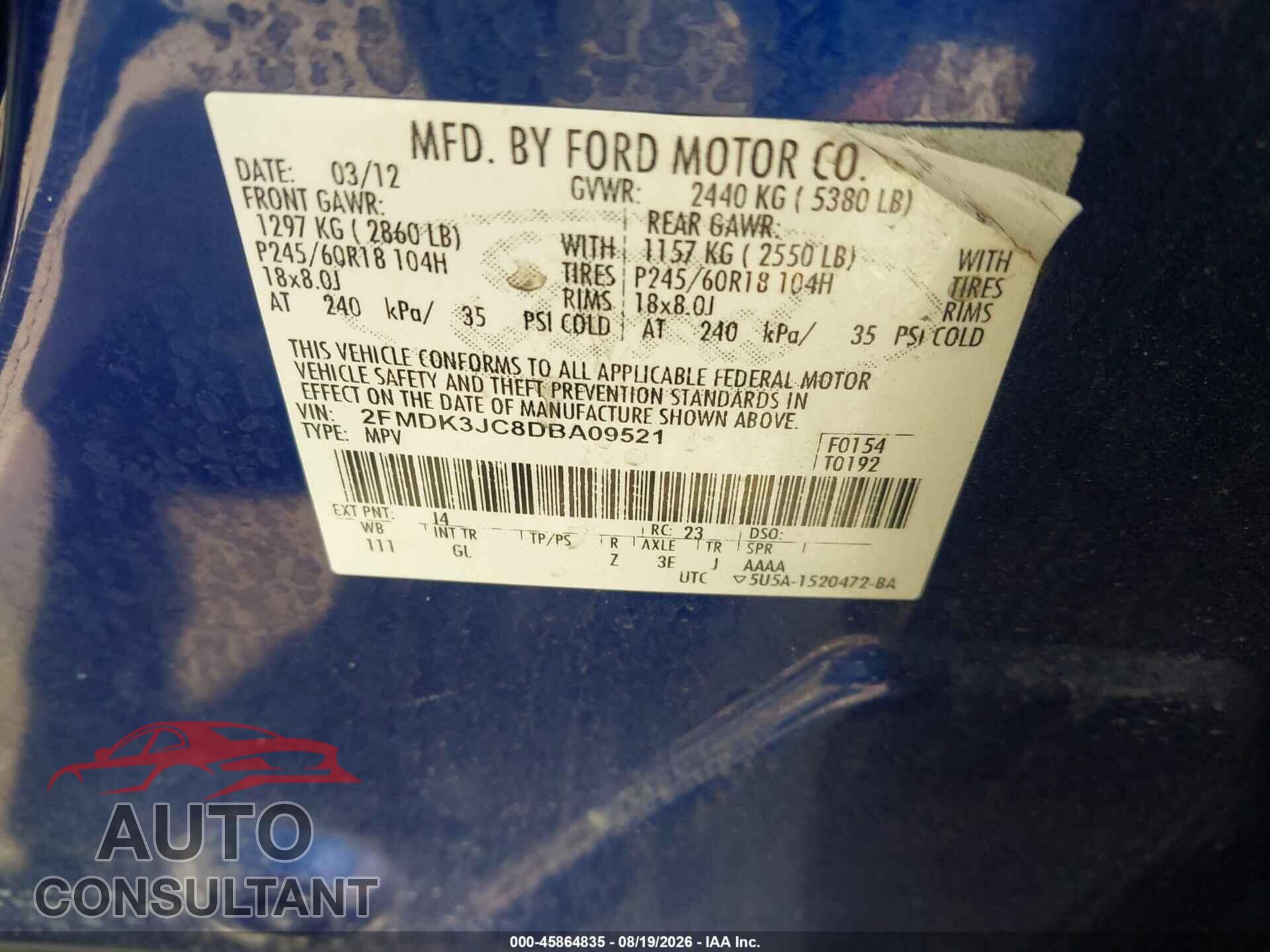 FORD EDGE 2013 - 2FMDK3JC8DBA09521