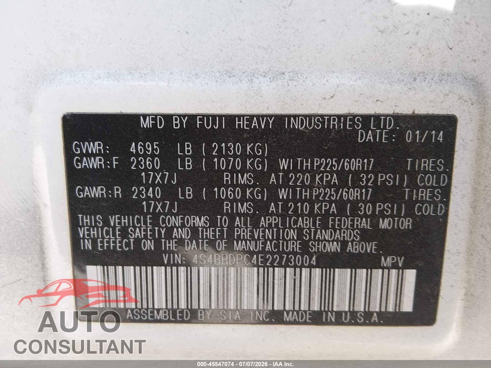 SUBARU OUTBACK 2014 - 4S4BRDPC4E2273004