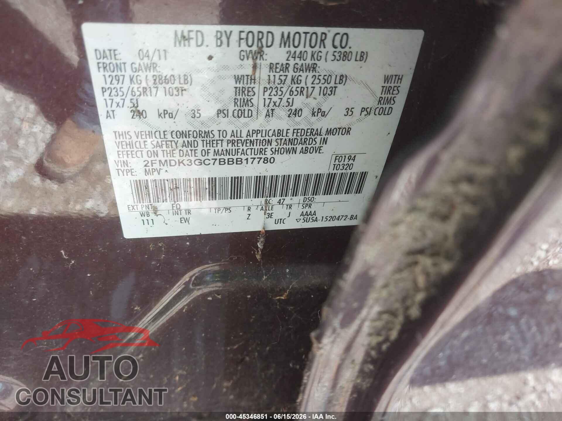FORD EDGE 2011 - 2FMDK3GC7BBB17780