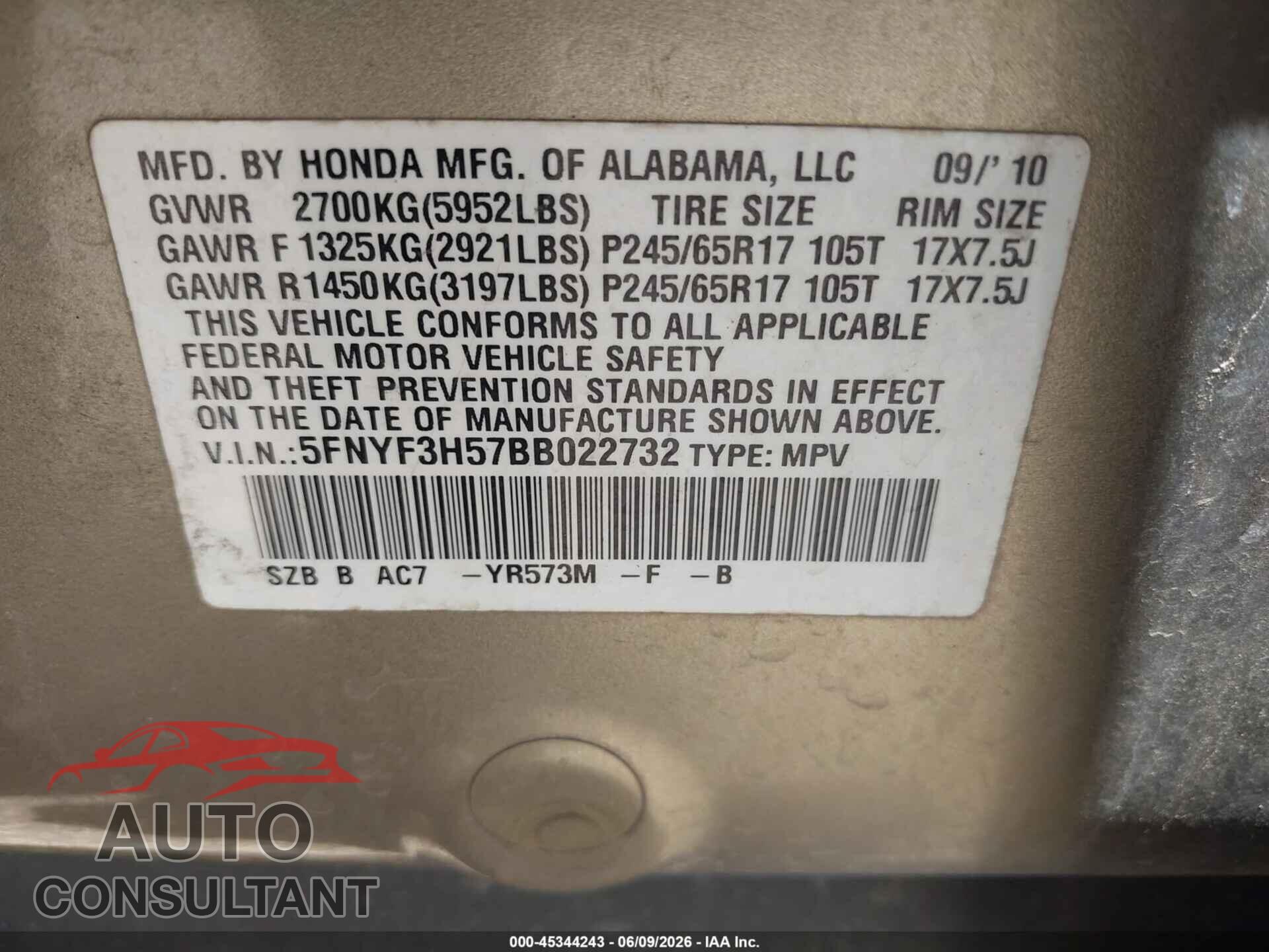 HONDA PILOT 2011 - 5FNYF3H57BB022732