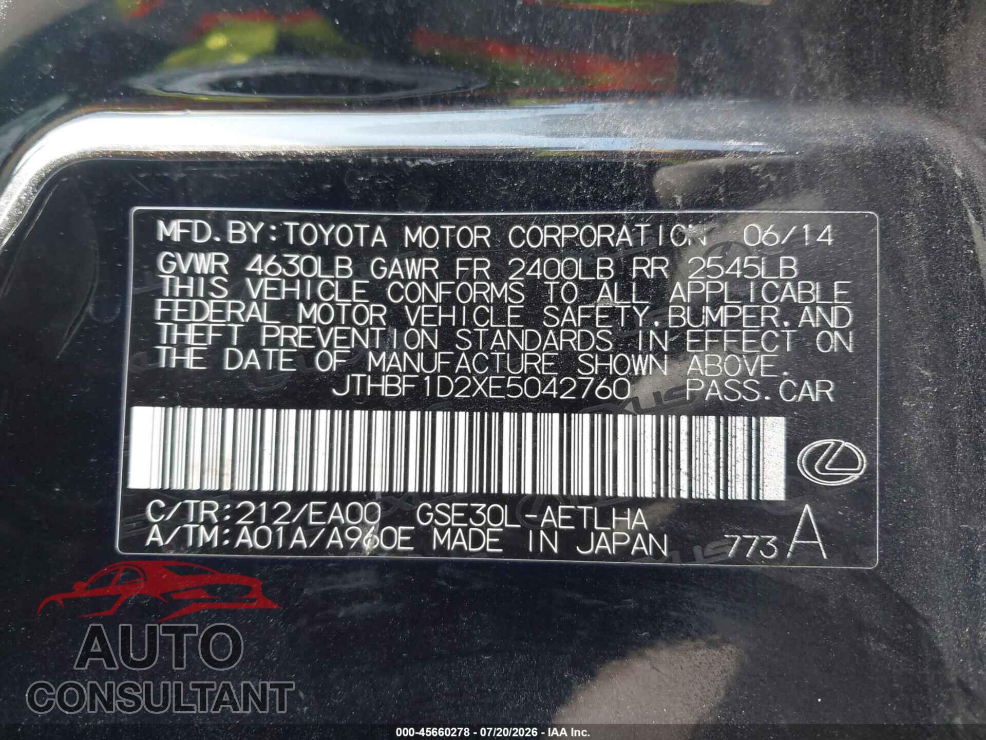 LEXUS IS 250 2014 - JTHBF1D2XE5042760