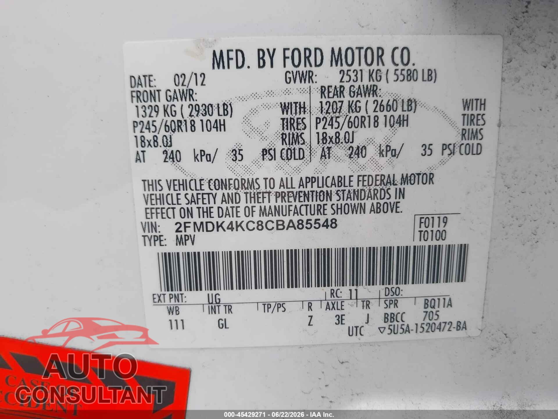 FORD EDGE 2012 - 2FMDK4KC8CBA85548
