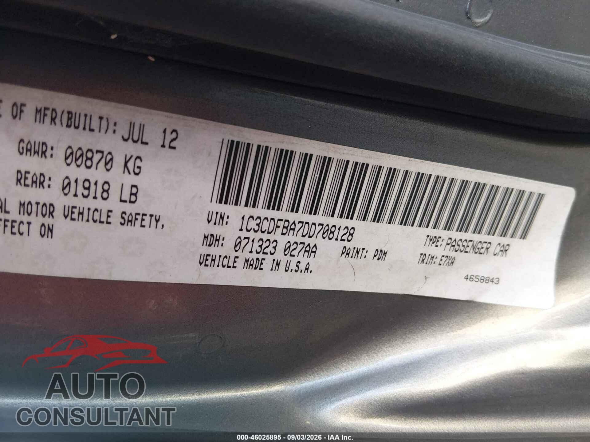 DODGE DART 2013 - 1C3CDFBA7DD708128