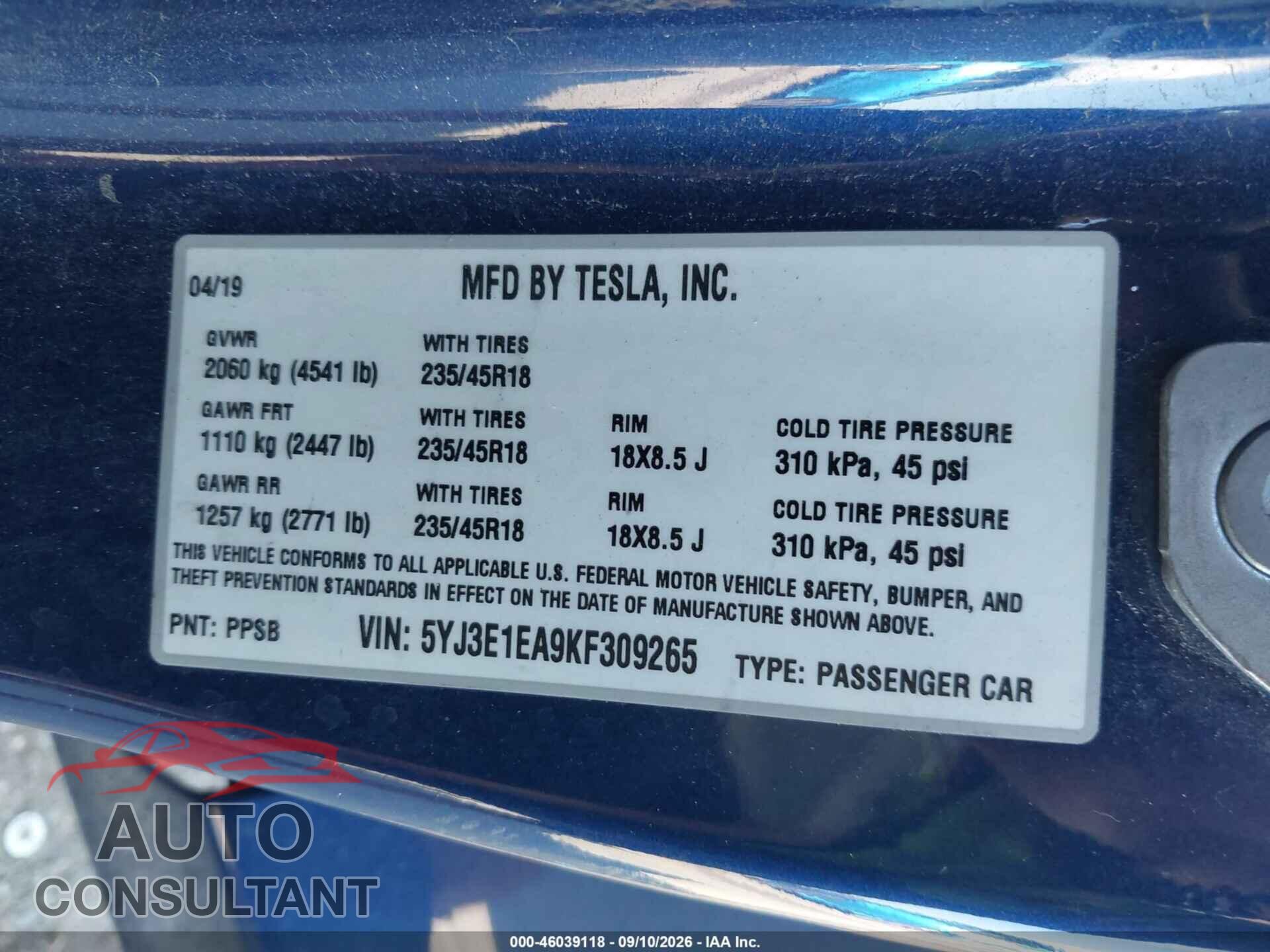 TESLA MODEL 3 2019 - 5YJ3E1EA9KF309265