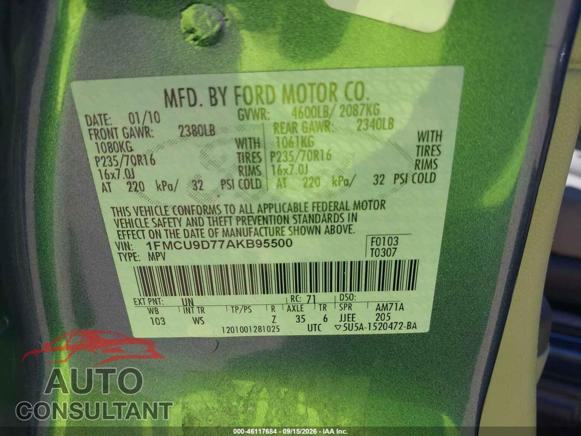 FORD ESCAPE 2010 - 1FMCU9D77AKB95500