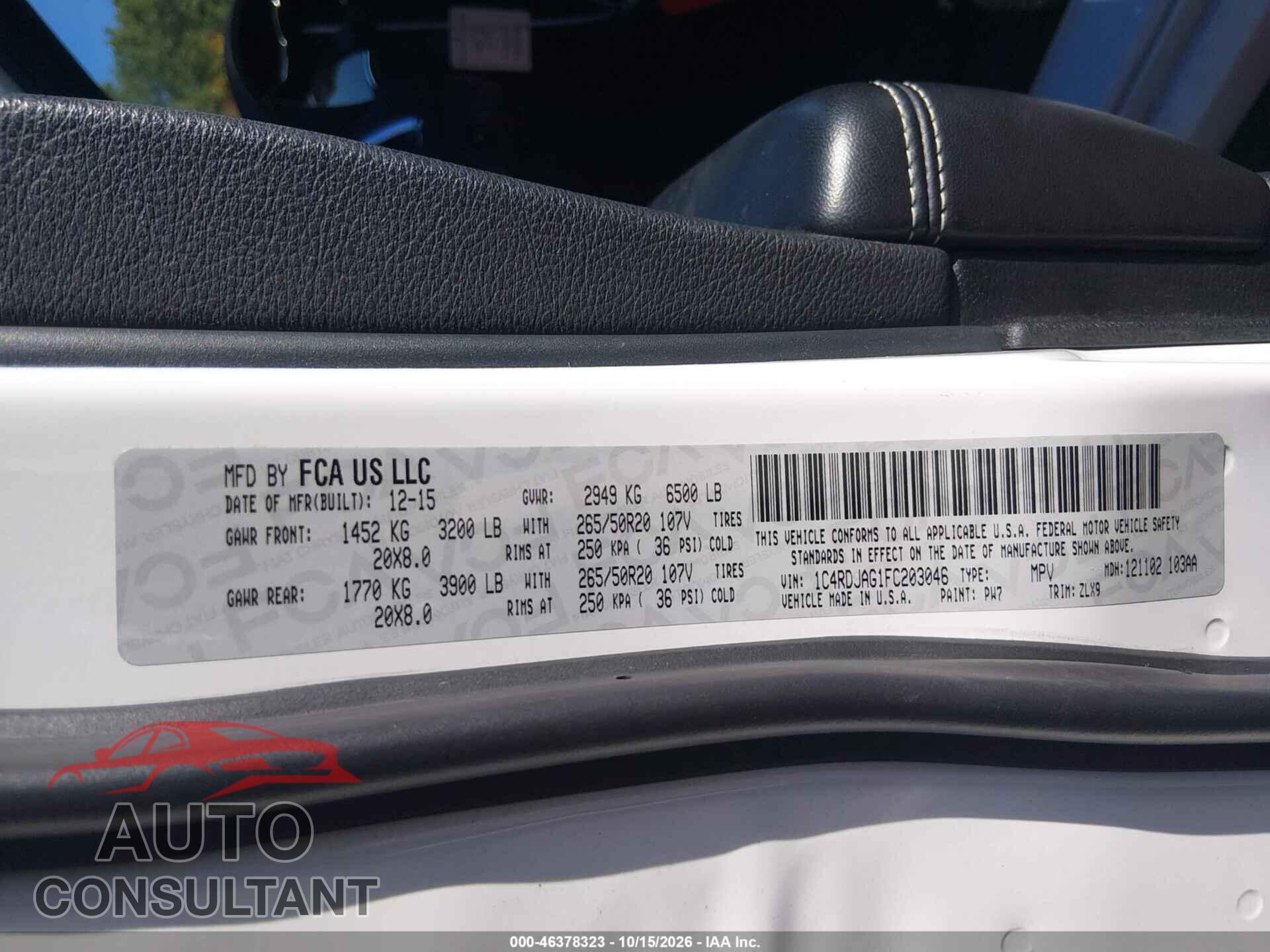 DODGE DURANGO 2015 - 1C4RDJAG1FC203046