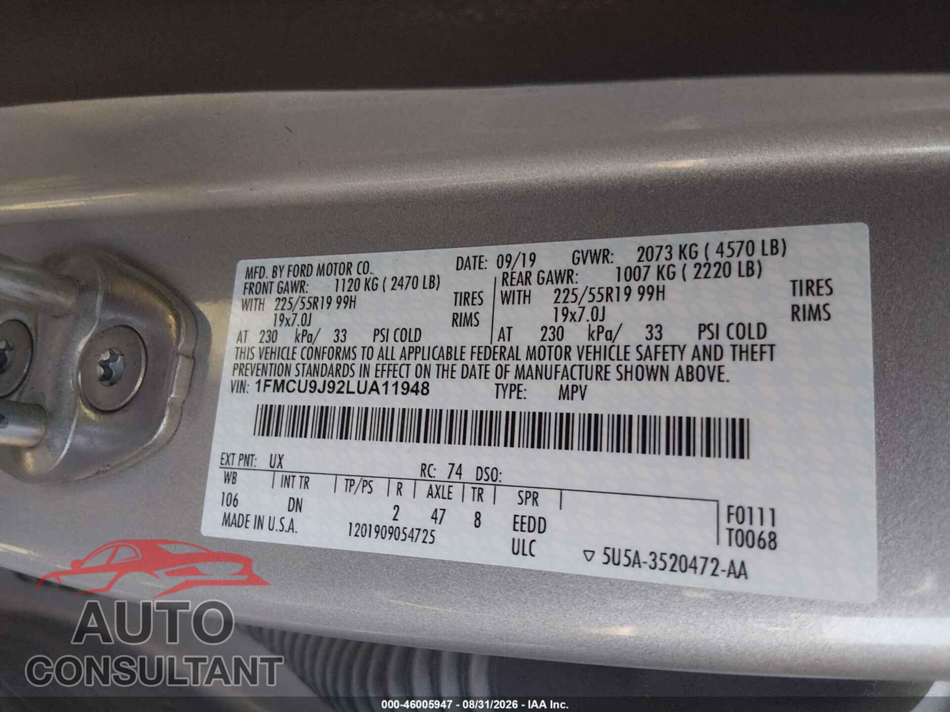 FORD ESCAPE 2020 - 1FMCU9J92LUA11948