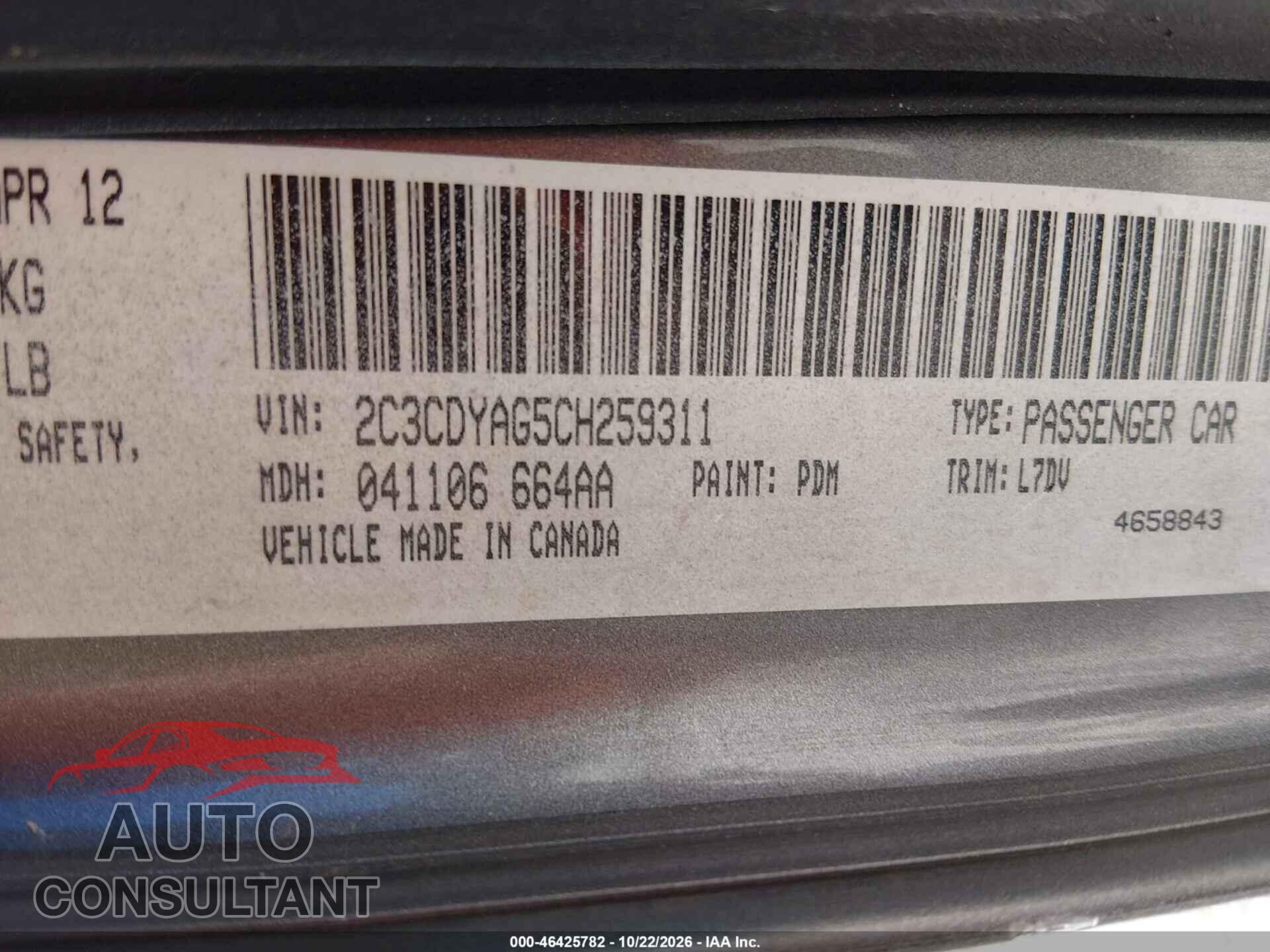 DODGE CHALLENGER 2012 - 2C3CDYAG5CH259311