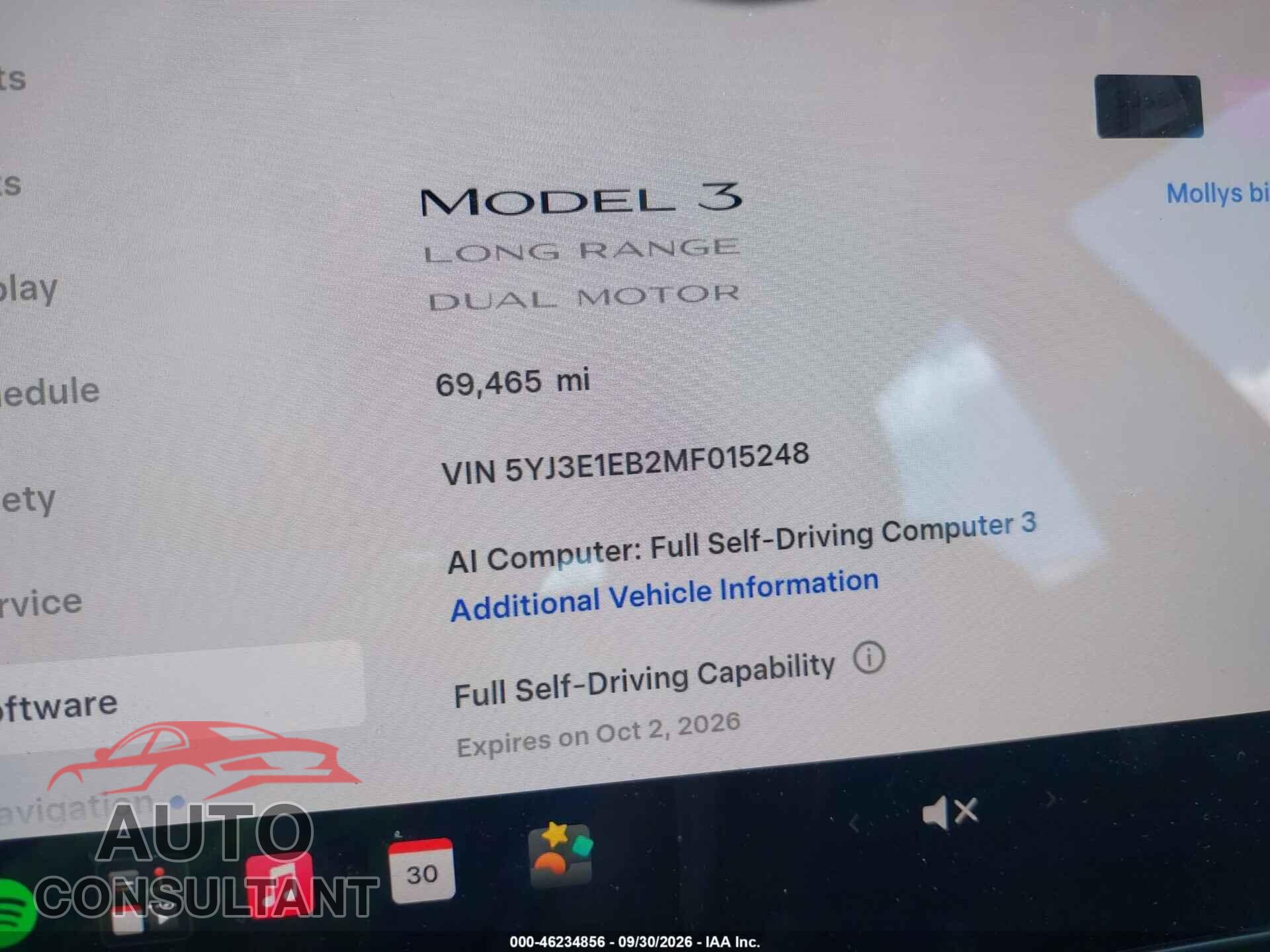 TESLA MODEL 3 2021 - 5YJ3E1EB2MF015248