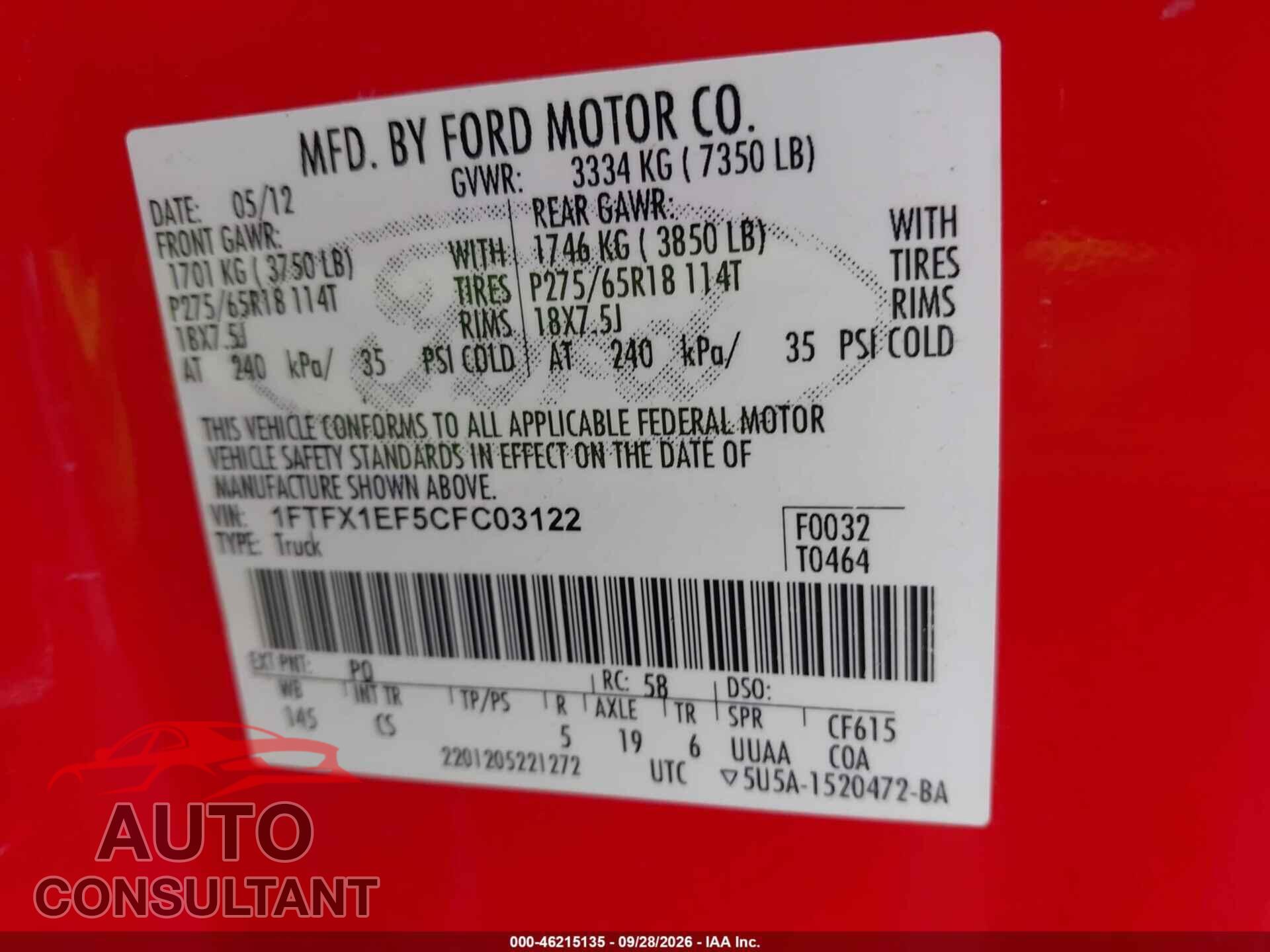 FORD F-150 2012 - 1FTFX1EF5CFC03122