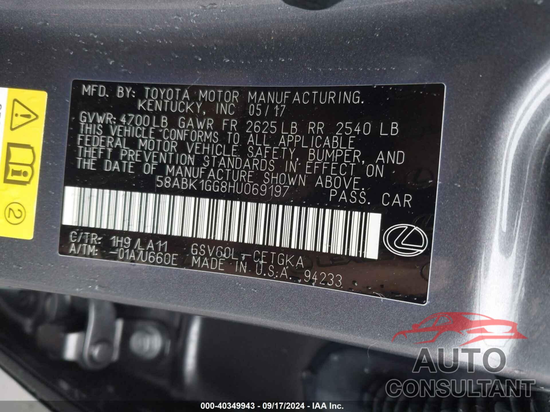 LEXUS ES 350 2017 - 58ABK1GG8HU069197