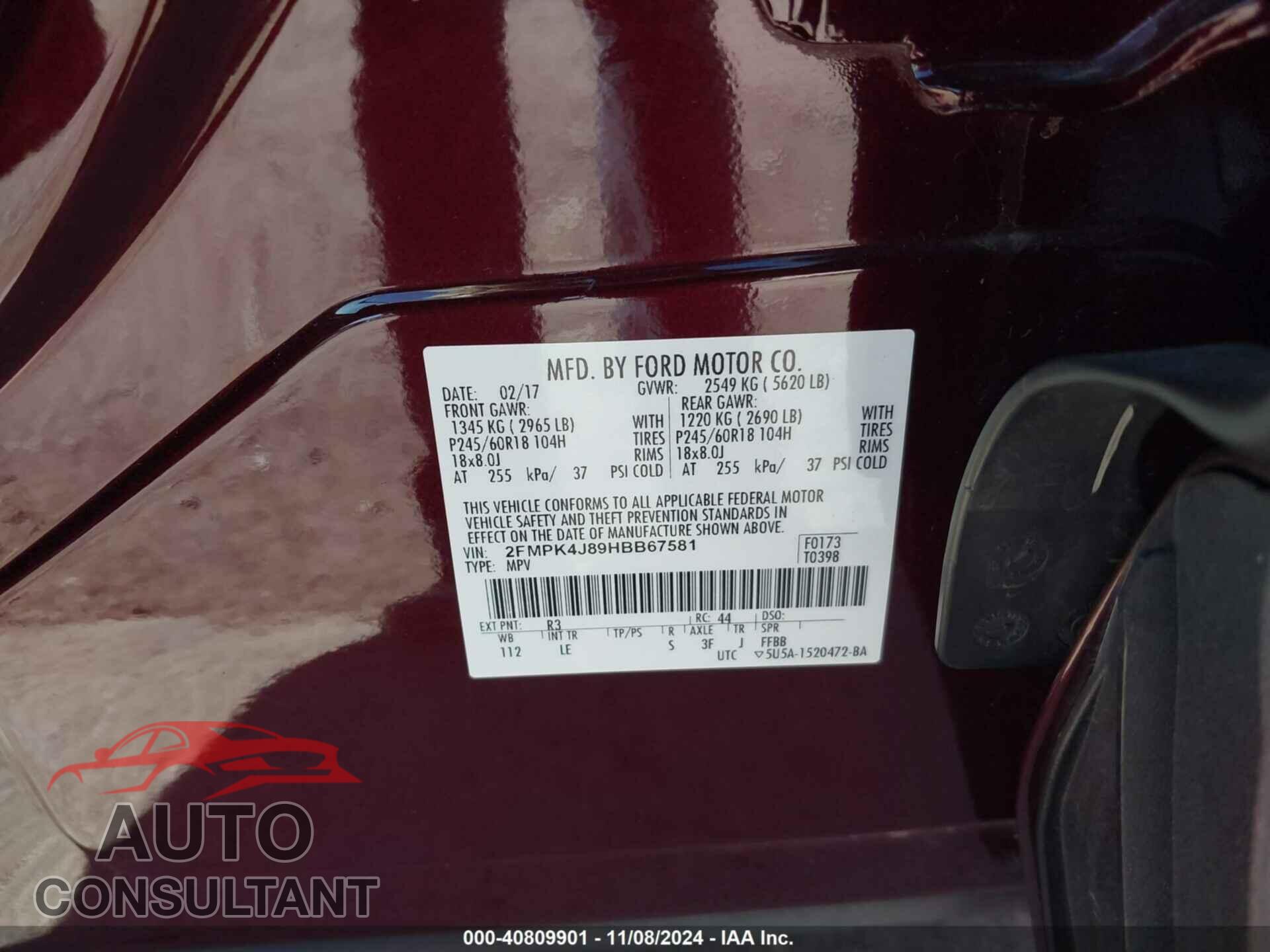 FORD EDGE 2017 - 2FMPK4J89HBB67581