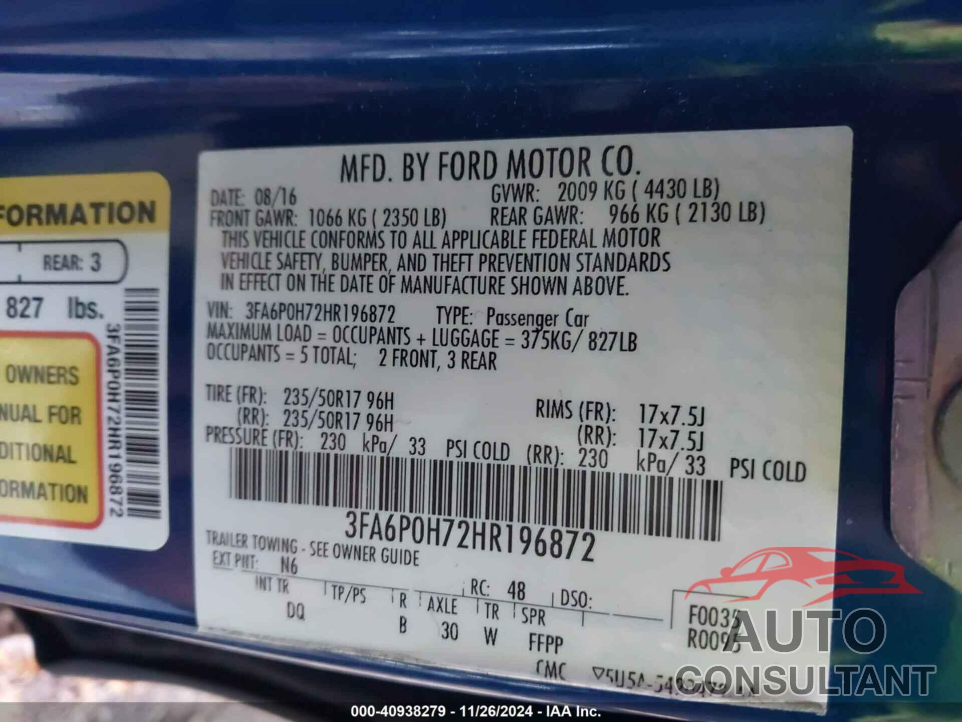 FORD FUSION 2017 - 3FA6P0H72HR196872