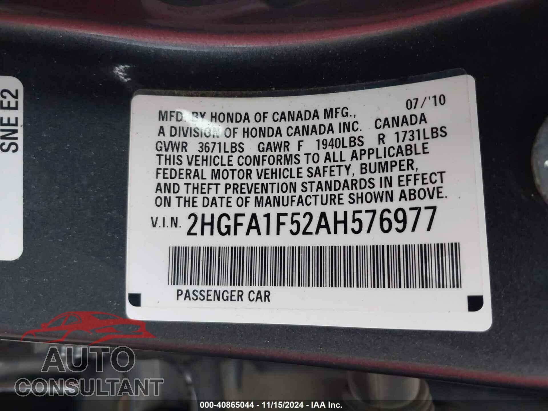 HONDA CIVIC 2010 - 2HGFA1F52AH576977
