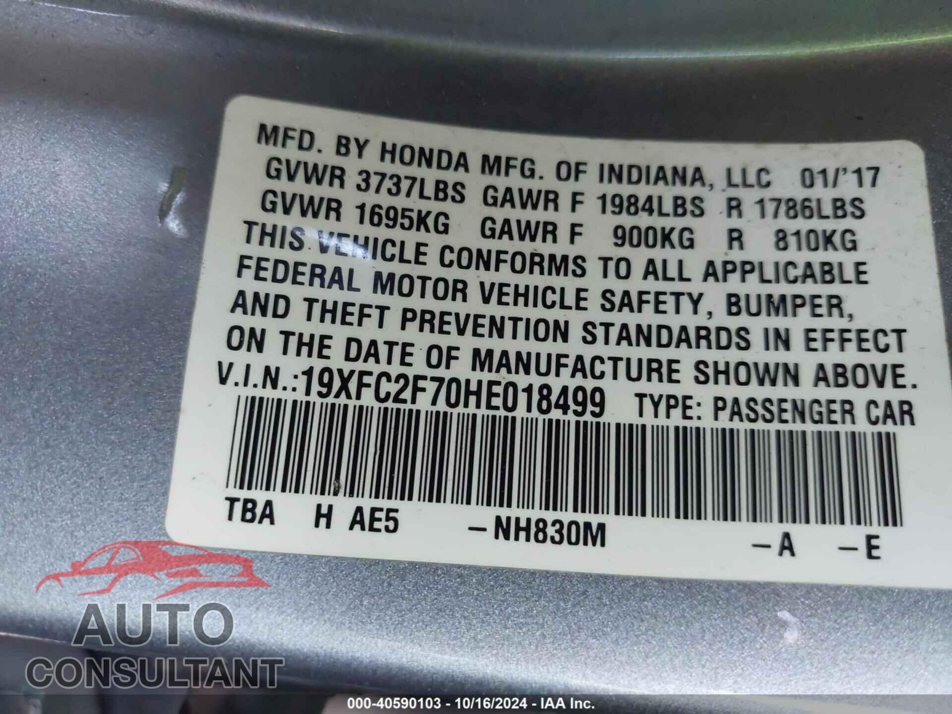 HONDA CIVIC 2017 - 19XFC2F70HE018499