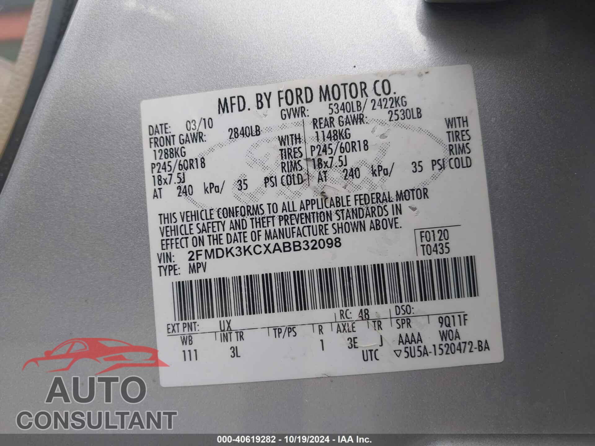 FORD EDGE 2010 - 2FMDK3KCXABB32098