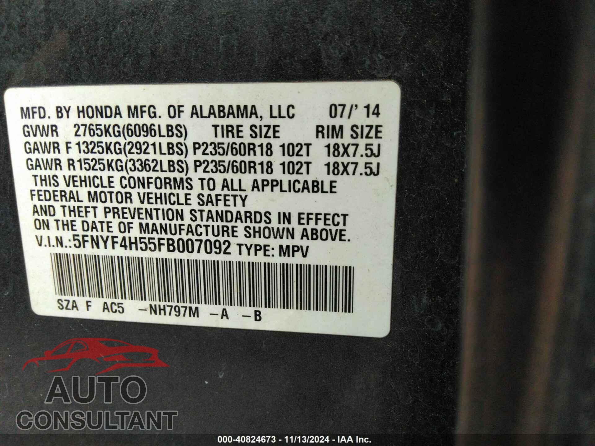 HONDA PILOT 2015 - 5FNYF4H55FB007092