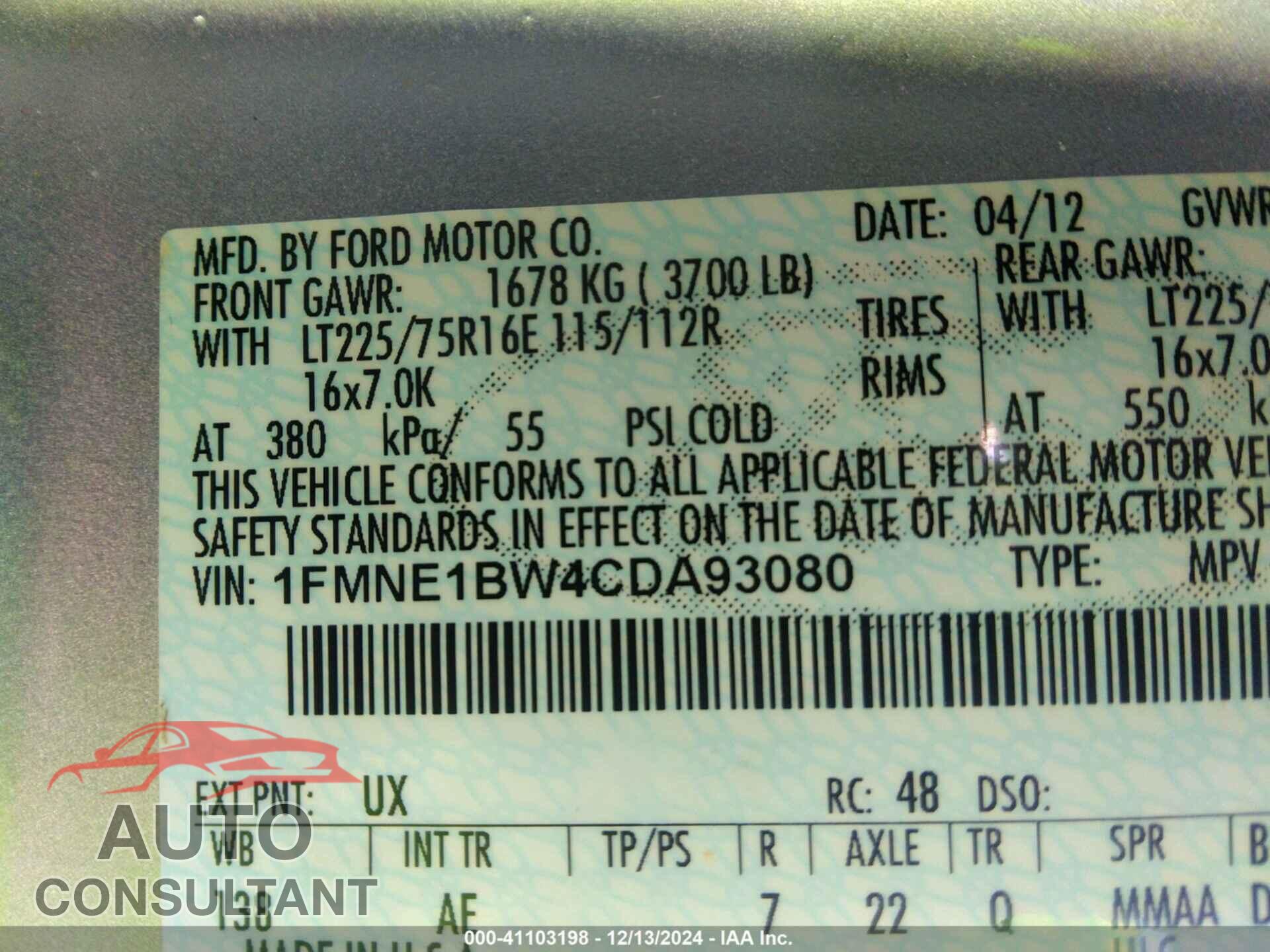 FORD E-150 2012 - 1FMNE1BW4CDA93080