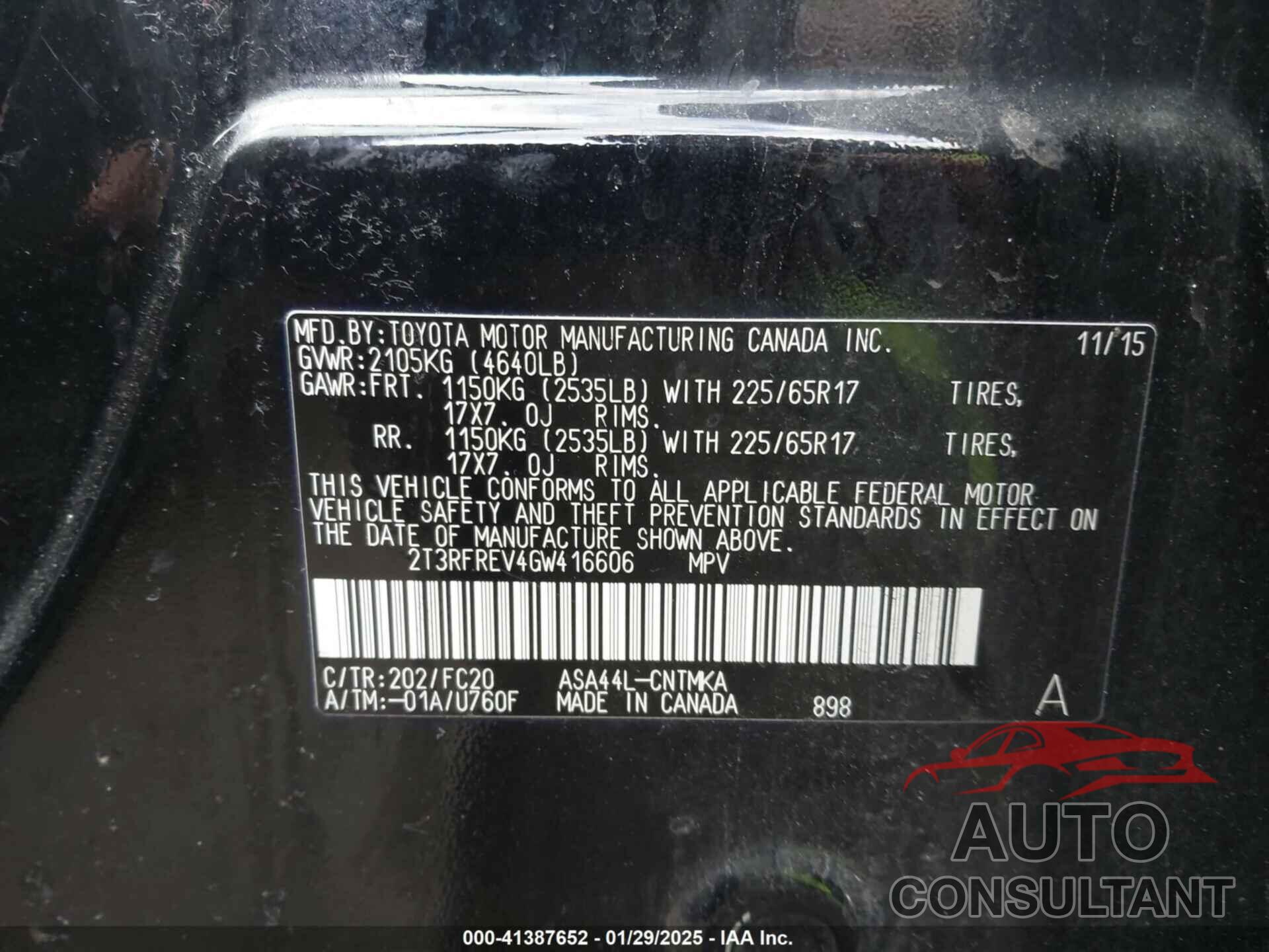 TOYOTA RAV4 2016 - 2T3RFREV4GW416606