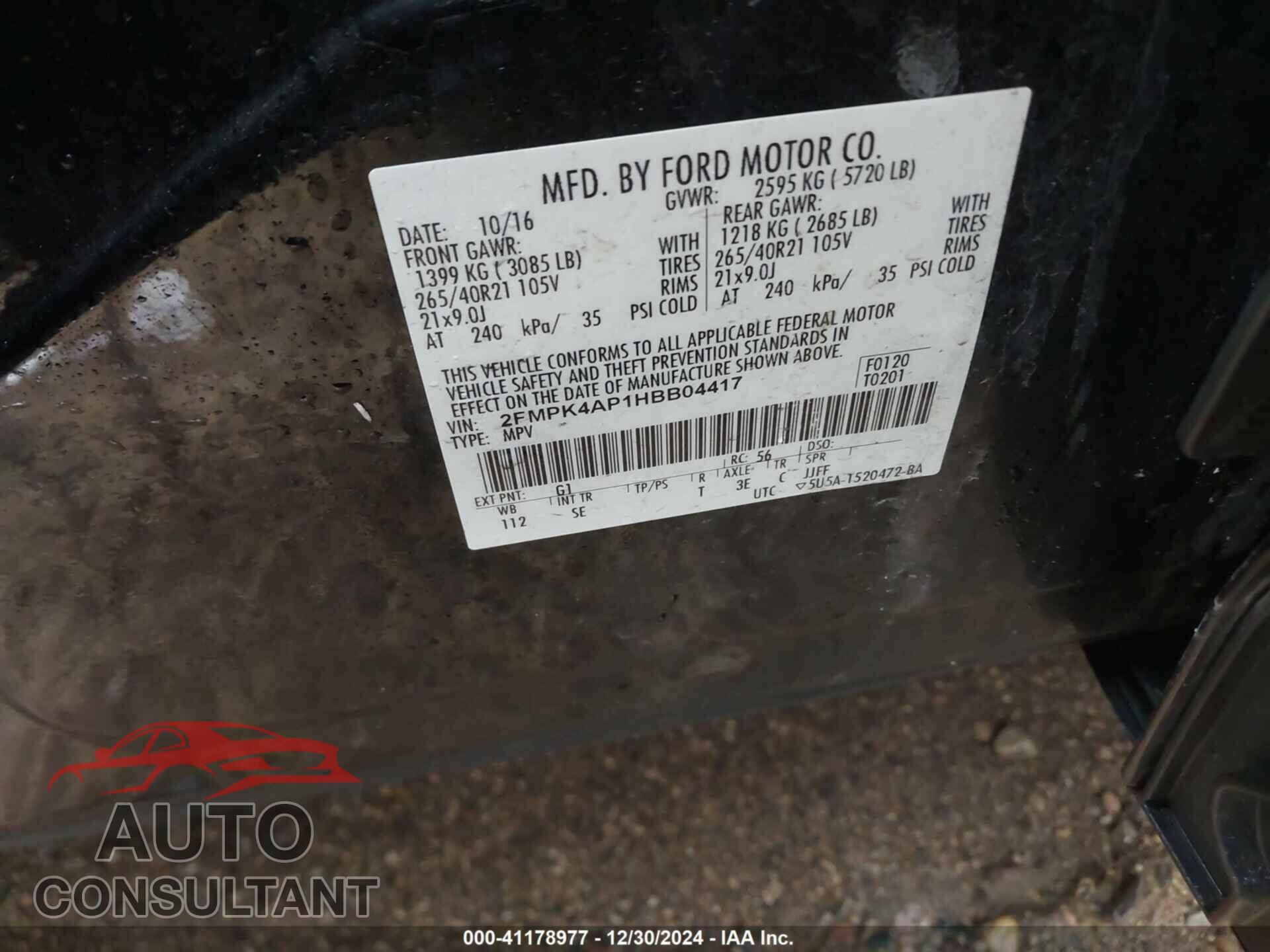 FORD EDGE 2017 - 2FMPK4AP1HBB04417
