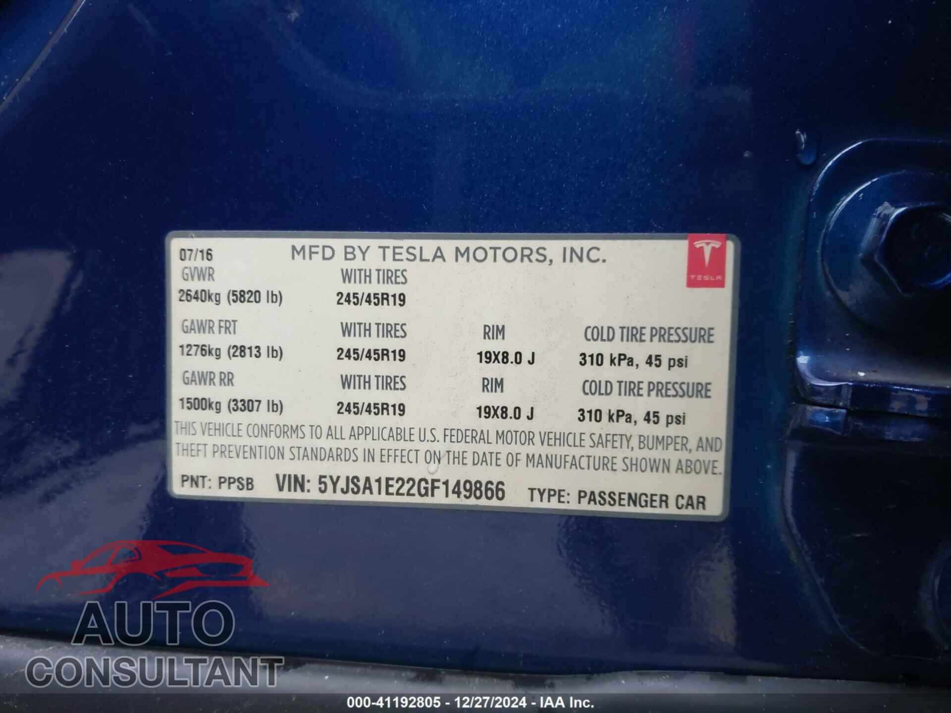TESLA MODEL S 2016 - 5YJSA1E22GF149866
