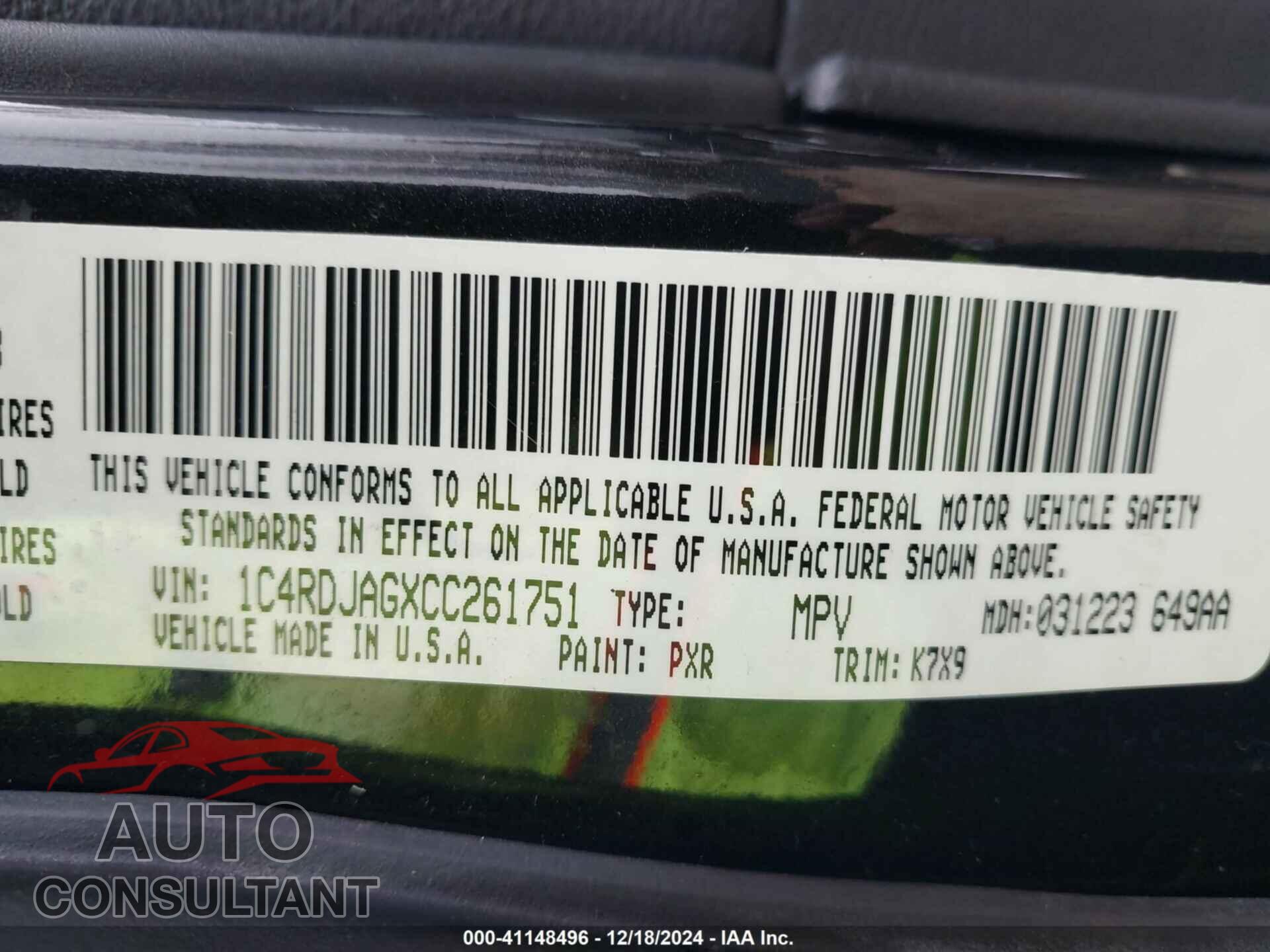 DODGE DURANGO 2012 - 1C4RDJAGXCC261751