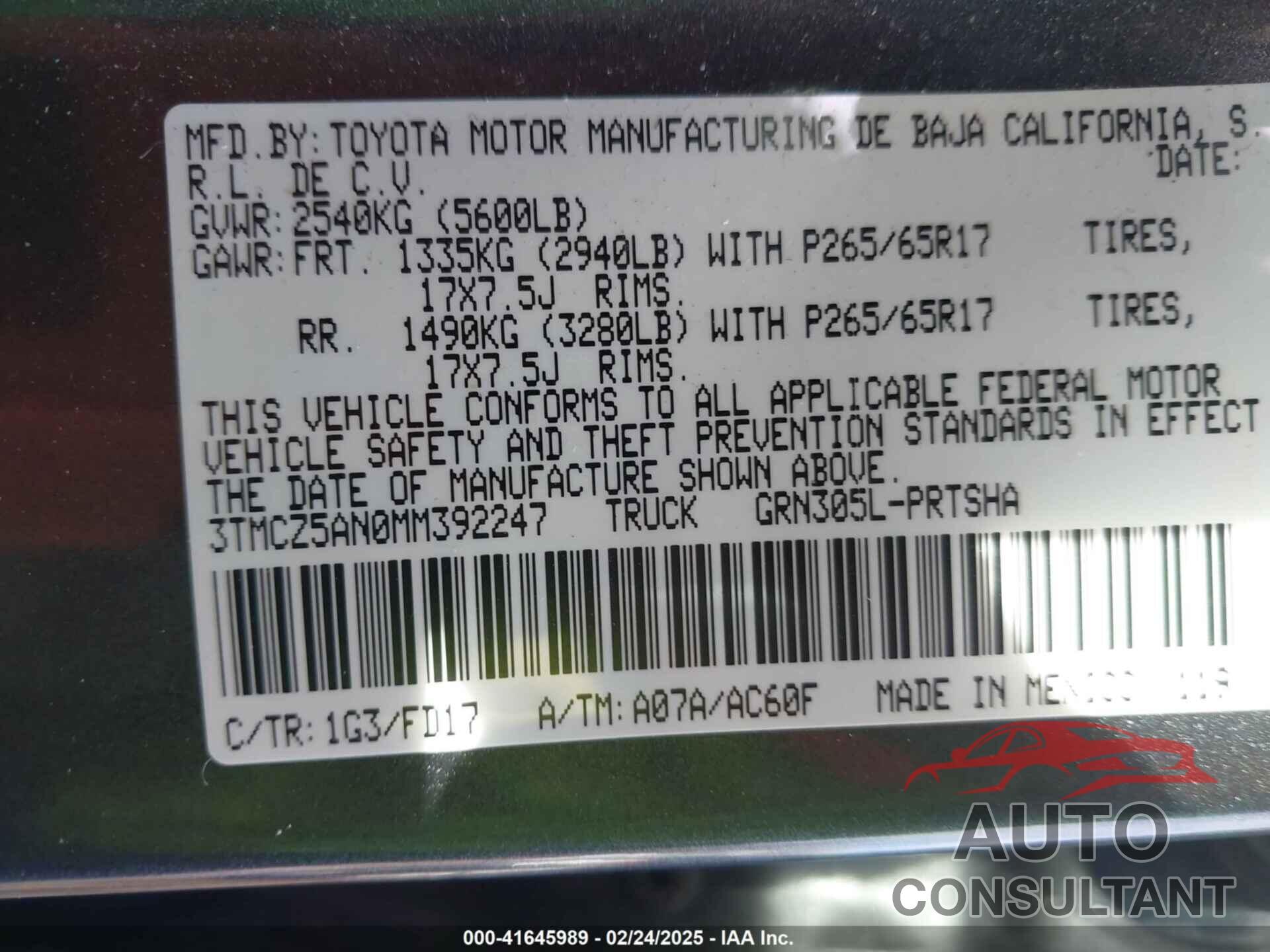 TOYOTA TACOMA 2021 - 3TMCZ5AN0MM392247
