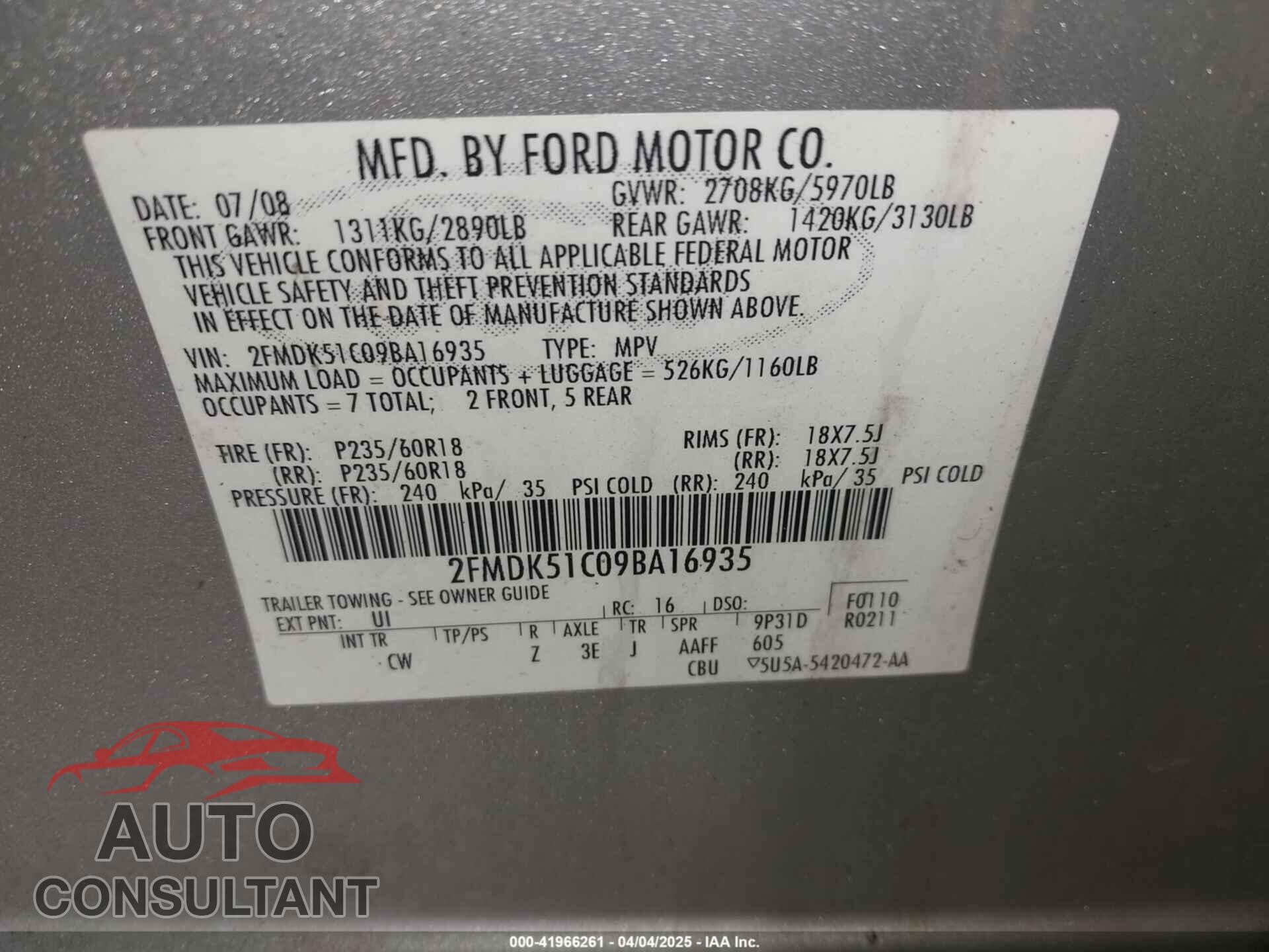 FORD FLEX 2009 - 2FMDK51C09BA16935