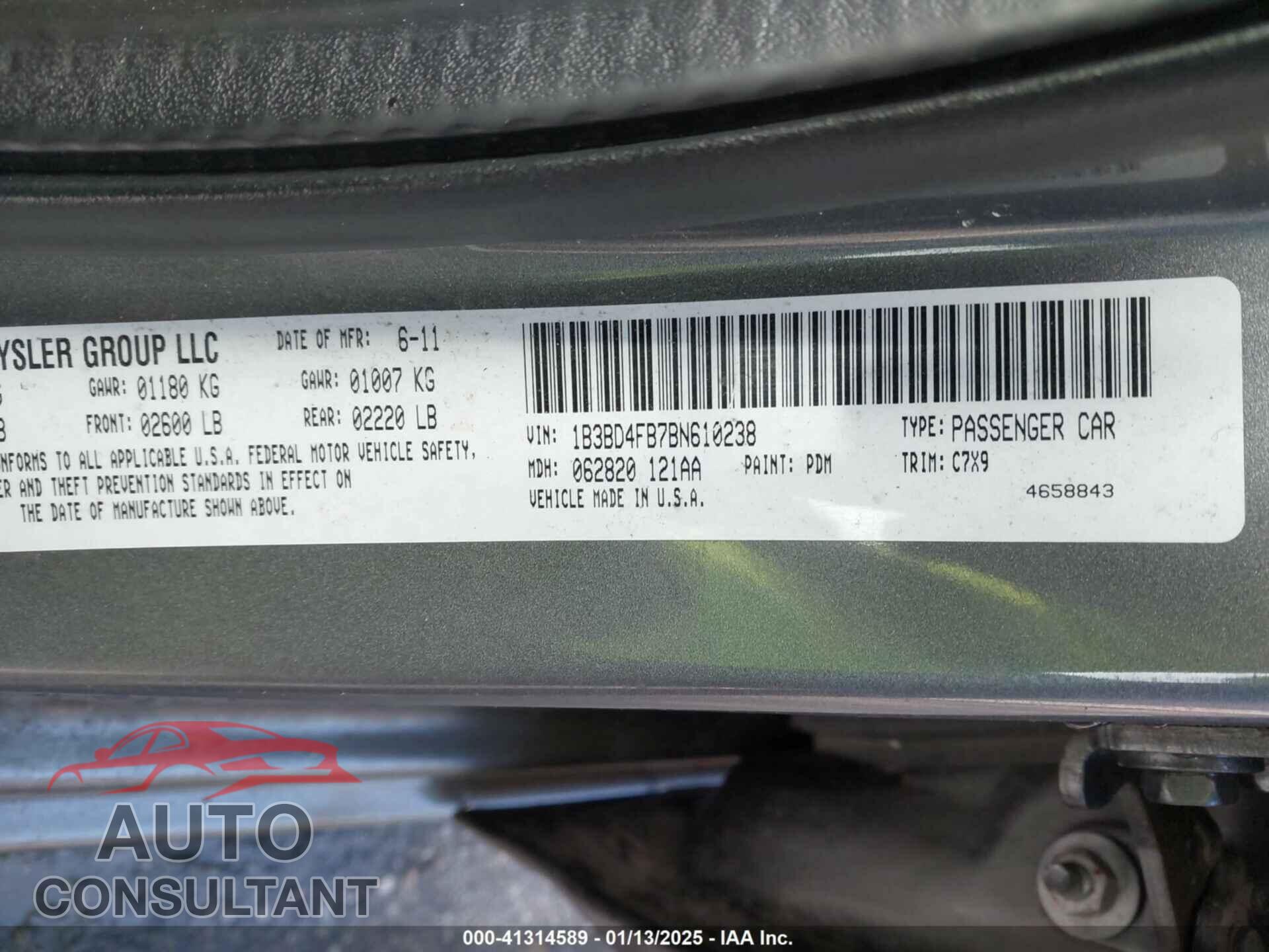 DODGE AVENGER 2011 - 1B3BD4FB7BN610238