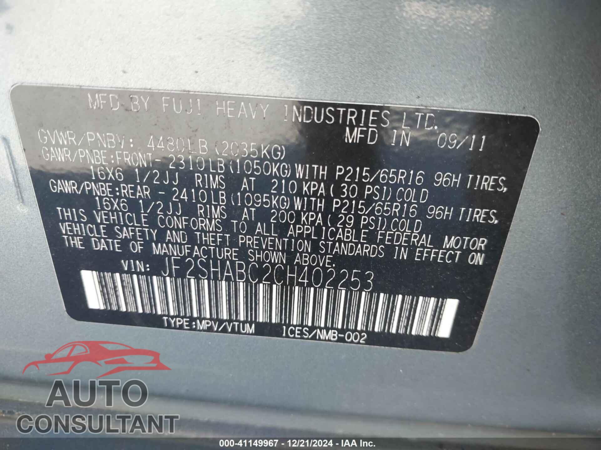 SUBARU FORESTER 2012 - JF2SHABC2CH402253