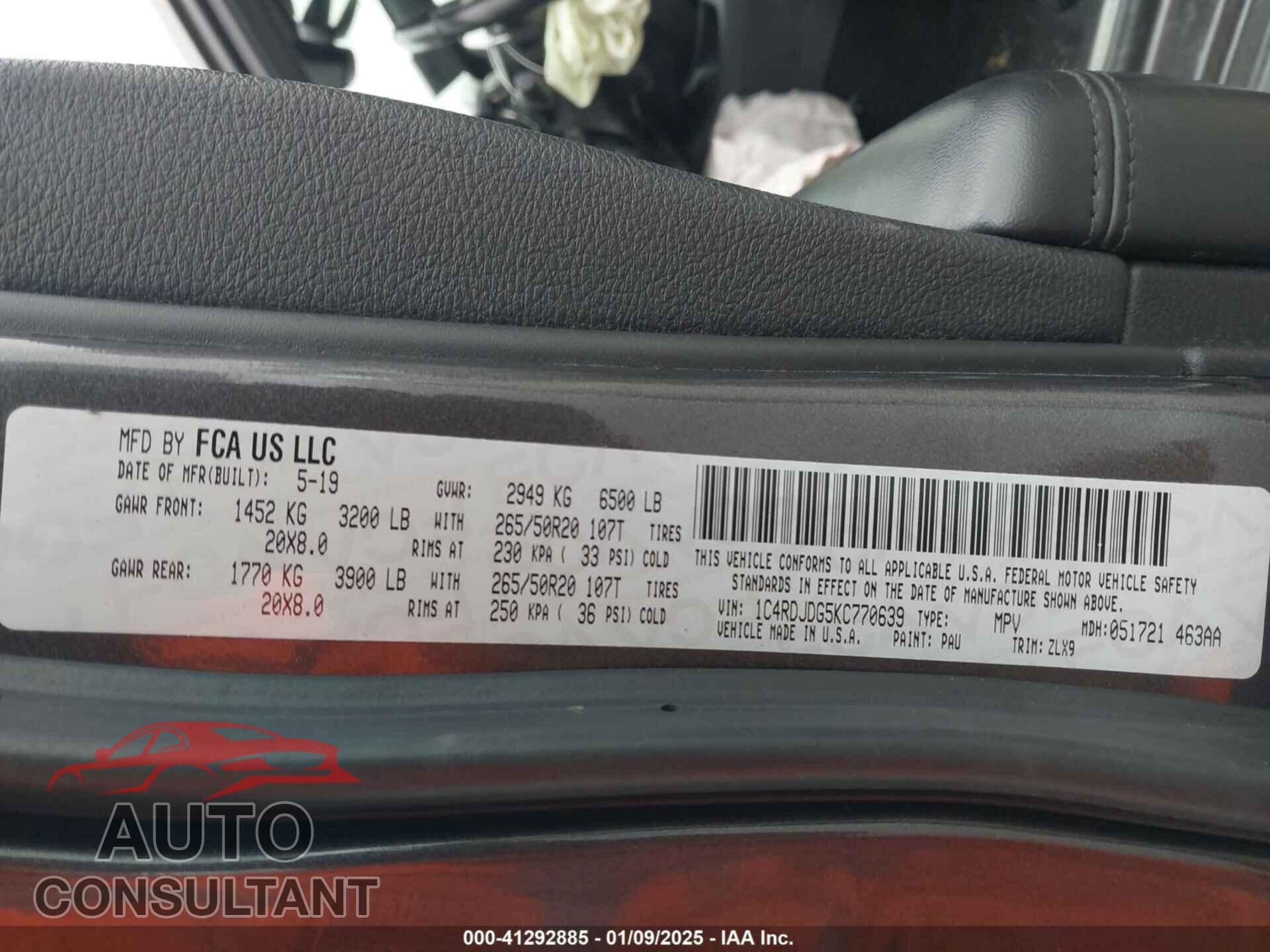 DODGE DURANGO 2019 - 1C4RDJDG5KC770639
