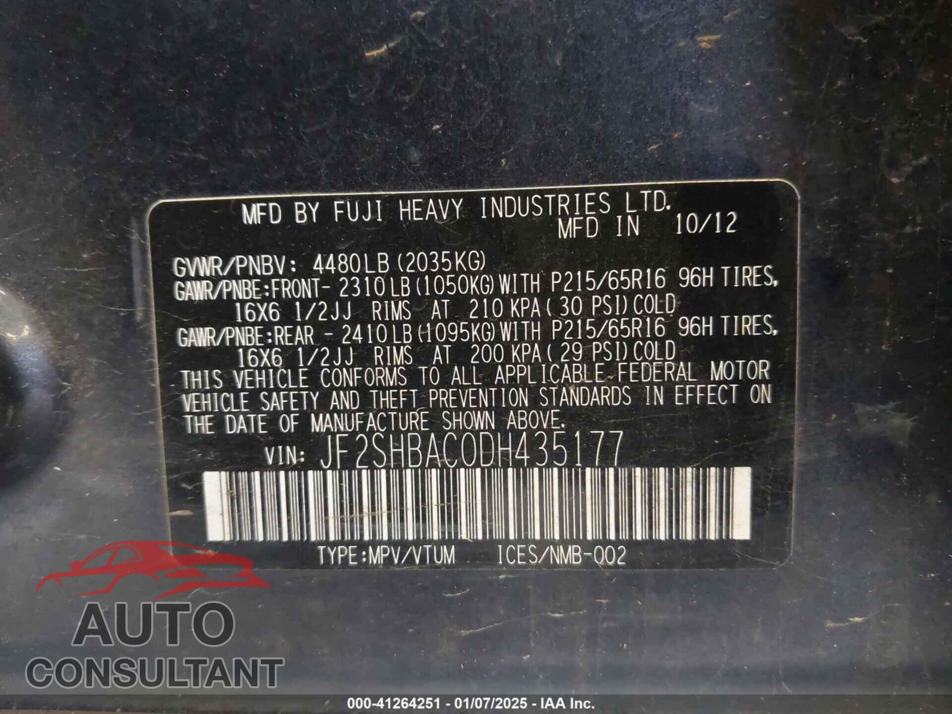 SUBARU FORESTER 2013 - JF2SHBAC0DH435177