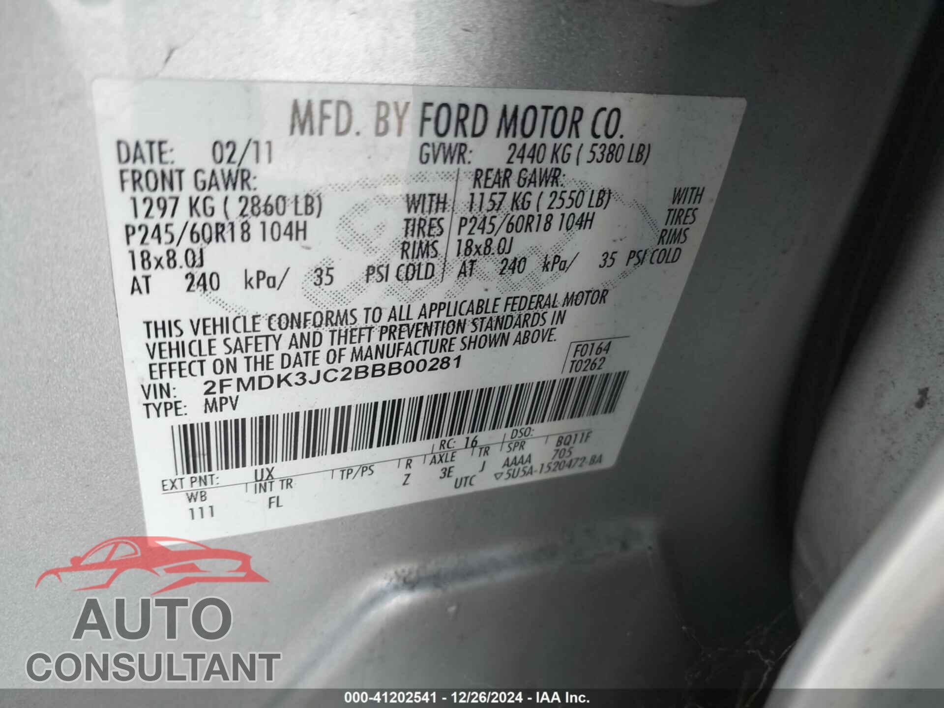 FORD EDGE 2011 - 2FMDK3JC2BBB00281