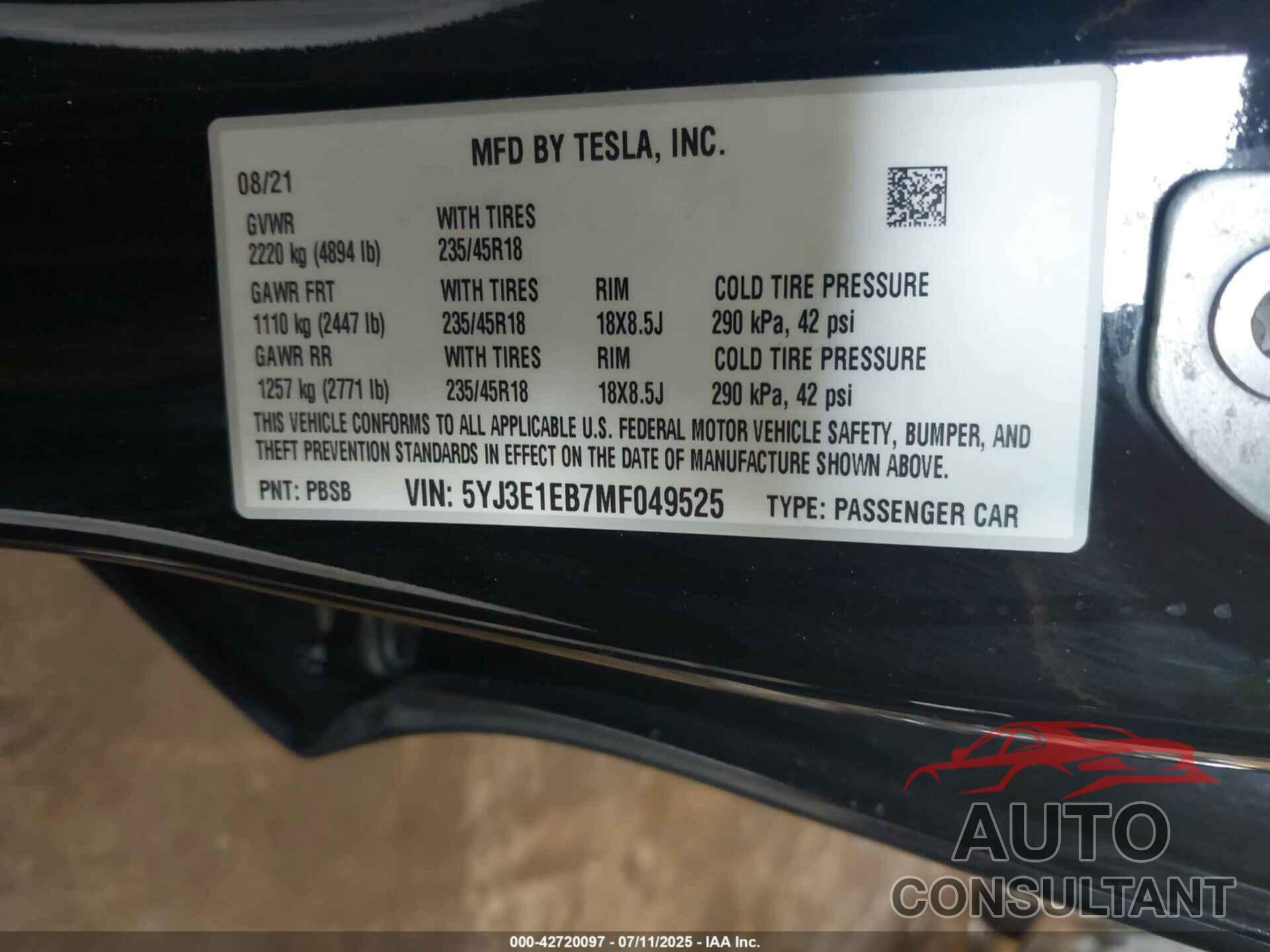 TESLA MODEL 3 2021 - 5YJ3E1EB7MF049525