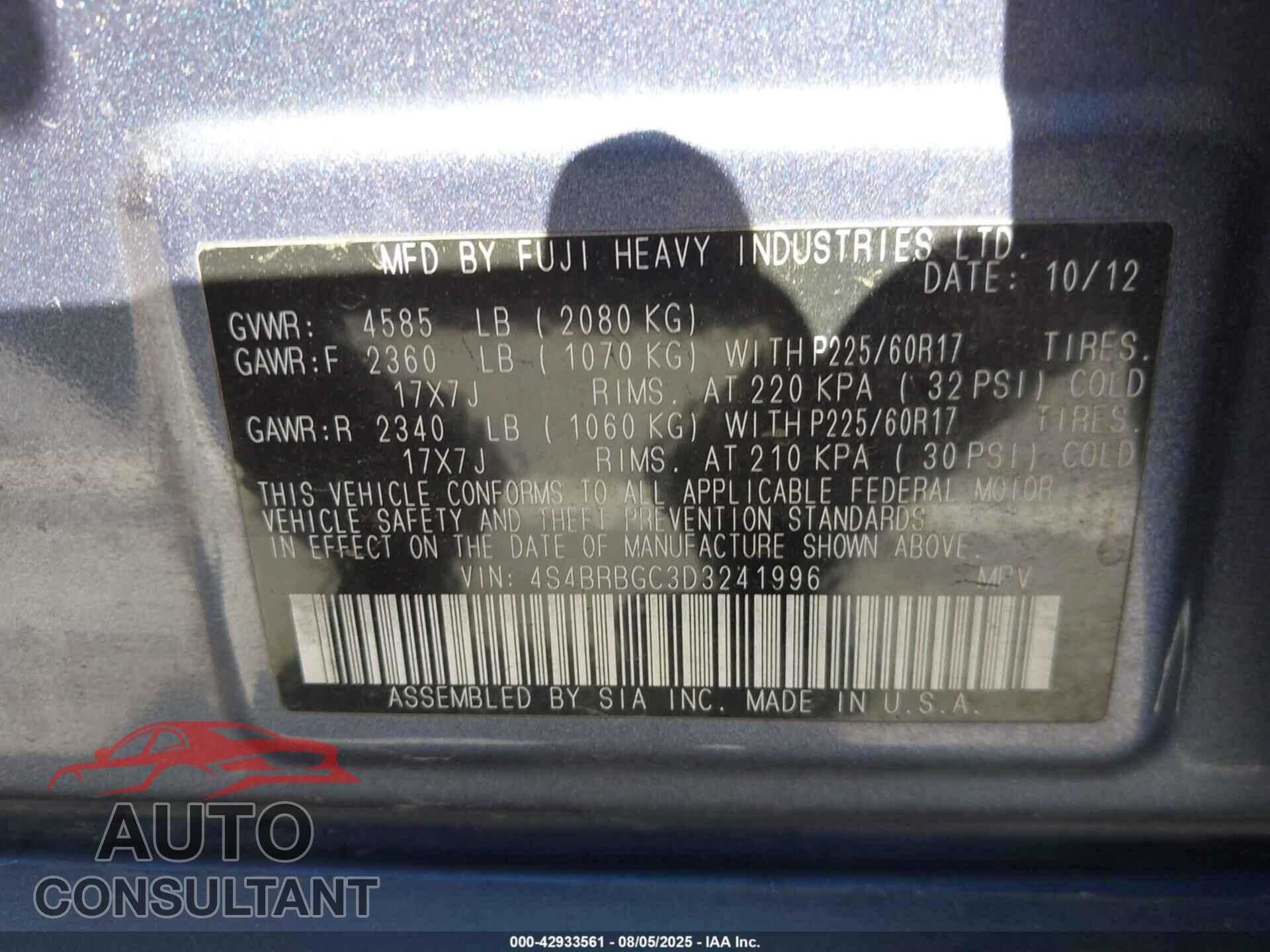 SUBARU OUTBACK 2013 - 4S4BRBGC3D3241996