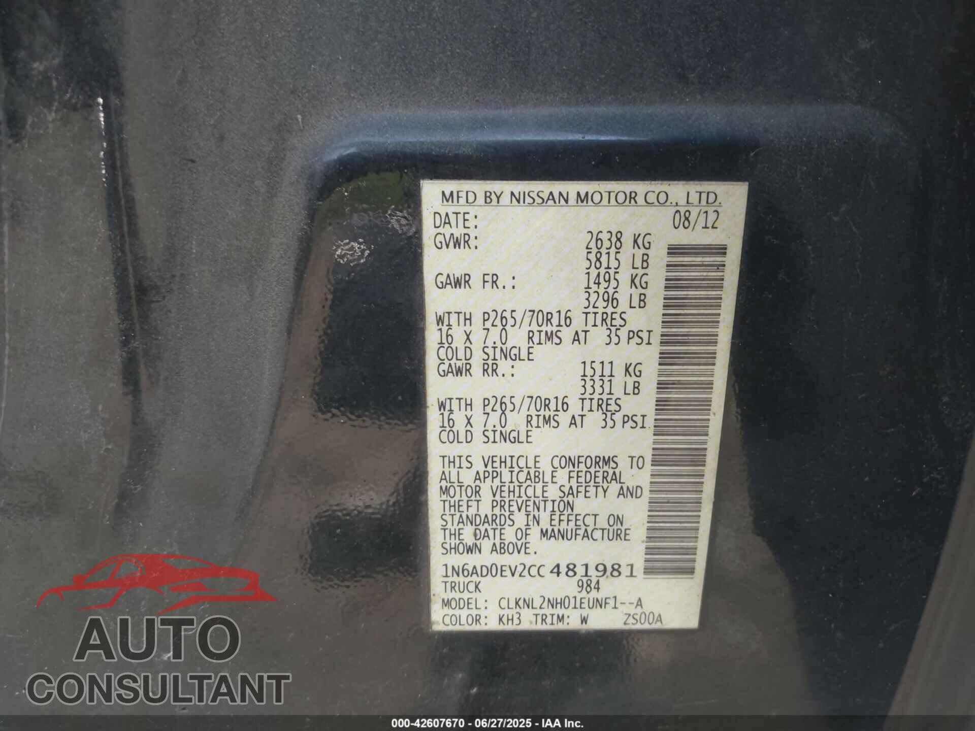 NISSAN FRONTIER 2012 - 1N6AD0EV2CC481981
