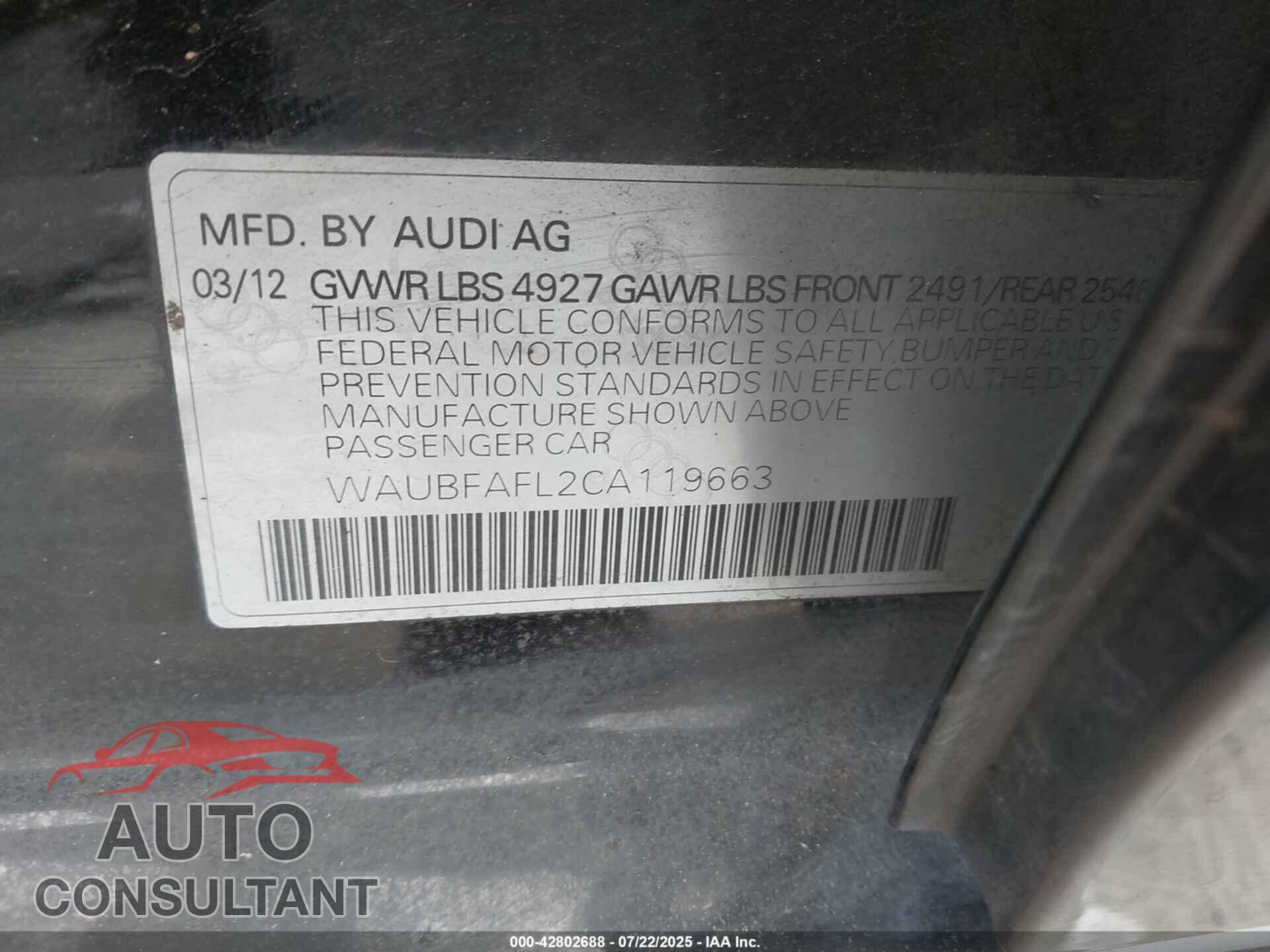 AUDI A4 2012 - WAUBFAFL2CA119663