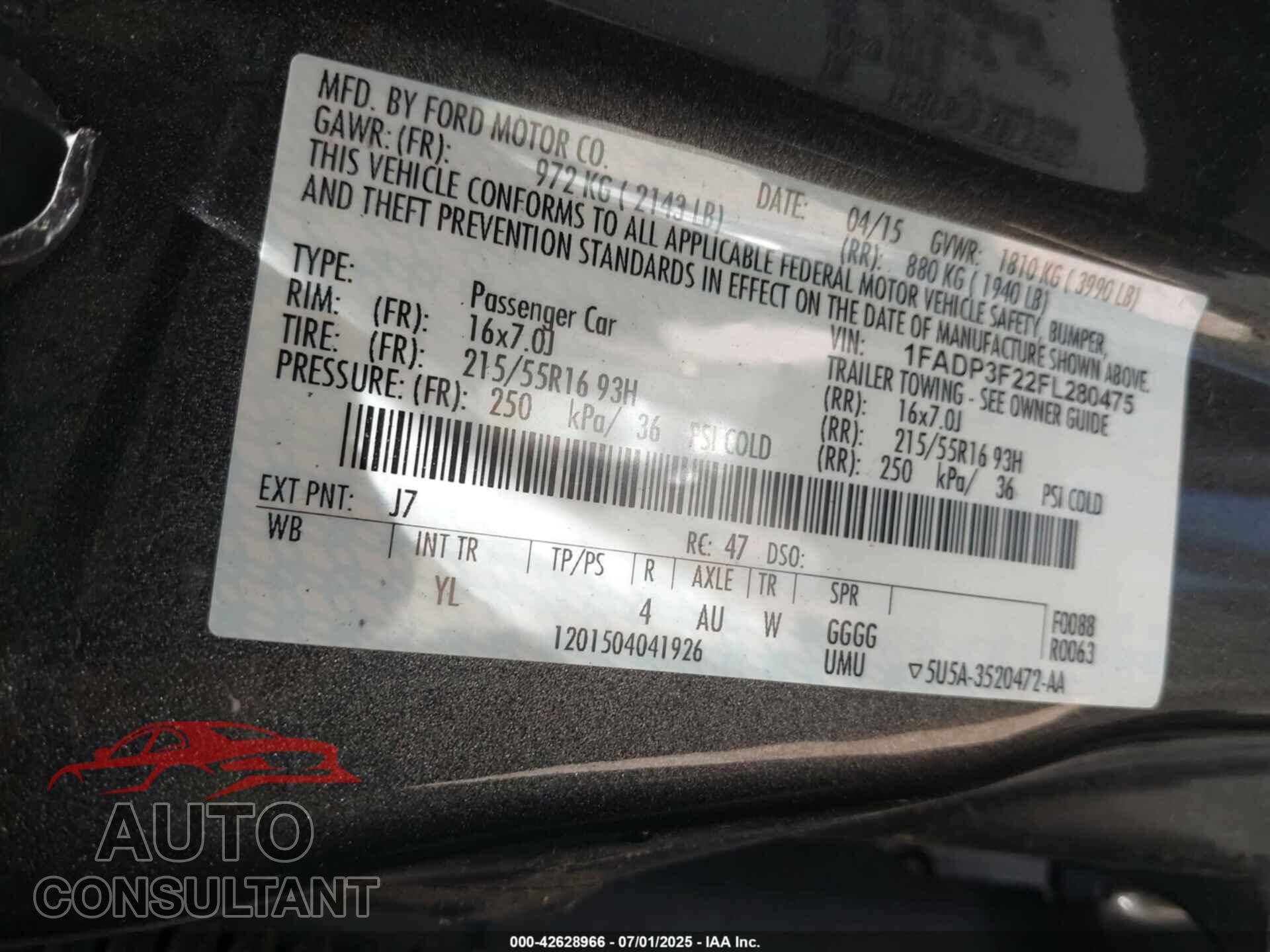 FORD FOCUS 2015 - 1FADP3F22FL280475