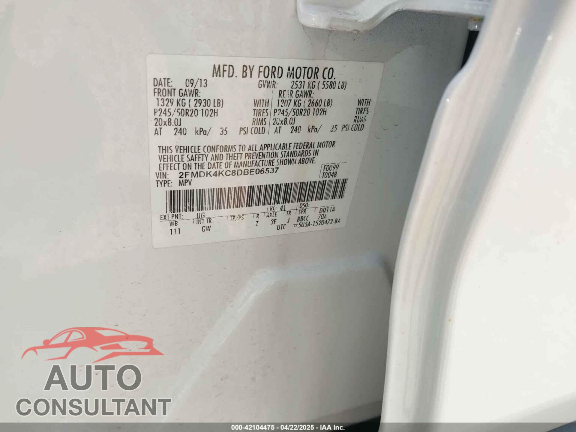 FORD EDGE 2013 - 2FMDK4KC8DBE06537