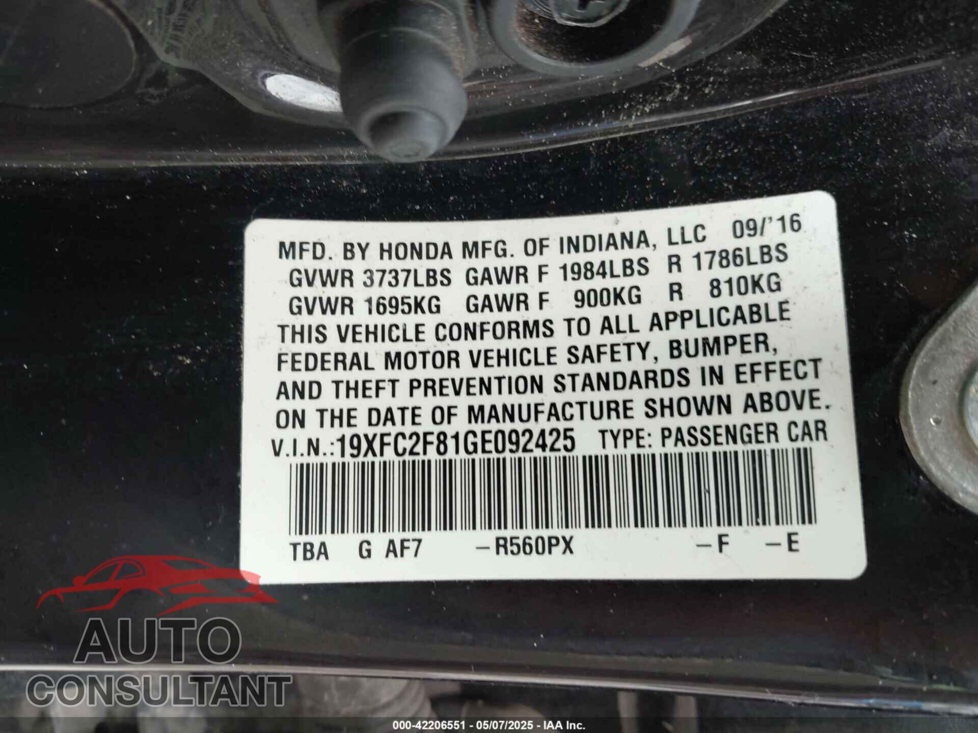 HONDA CIVIC 2016 - 19XFC2F81GE092425