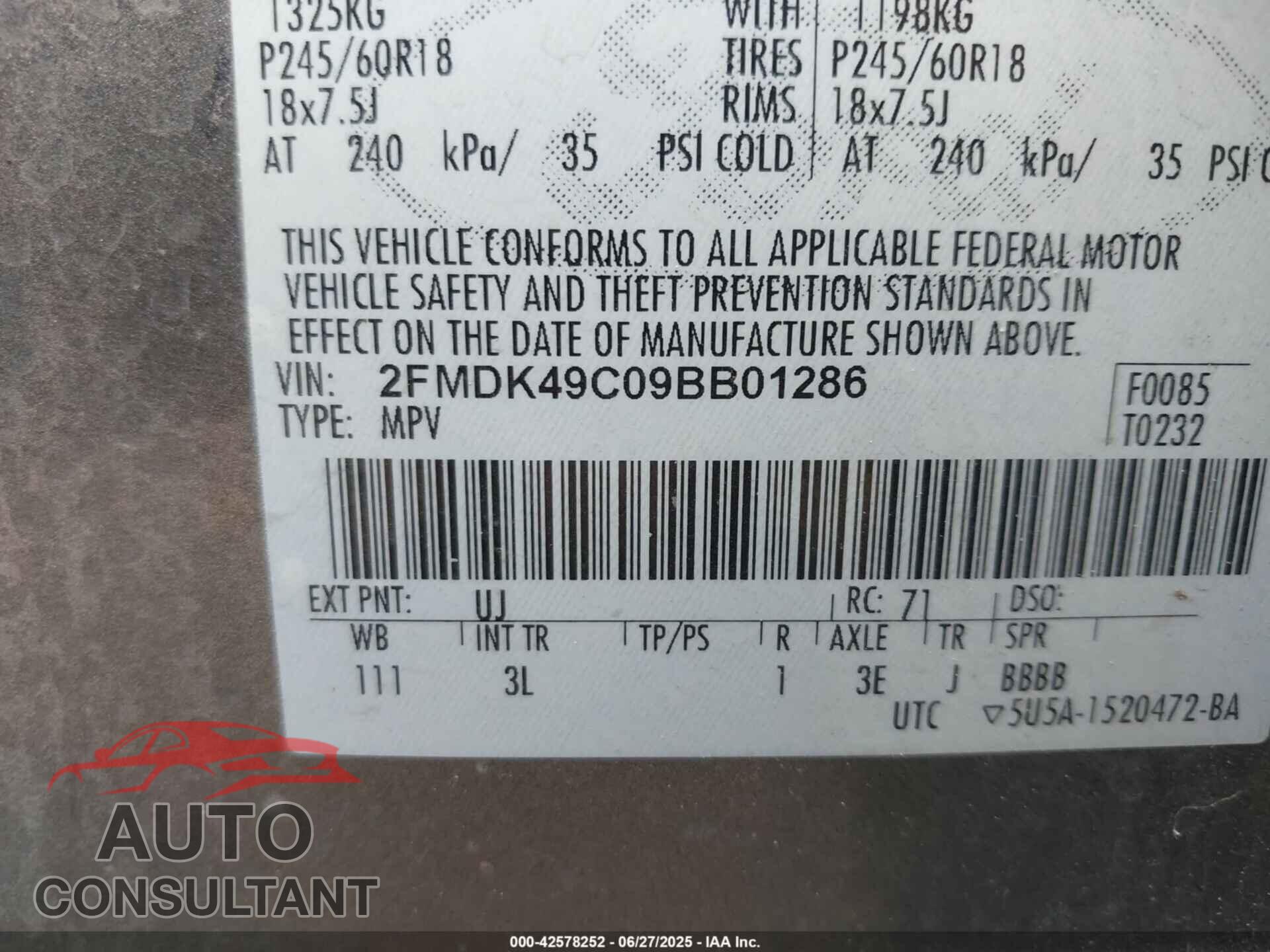 FORD EDGE 2009 - 2FMDK49C09BB01286