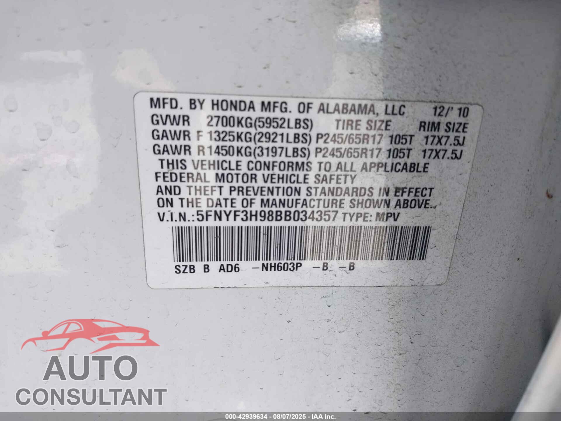 HONDA PILOT 2011 - 5FNYF3H98BB034357