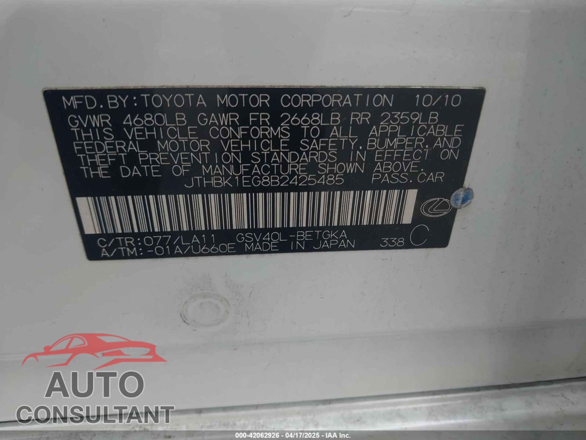 LEXUS ES 350 2011 - JTHBK1EG8B2425485