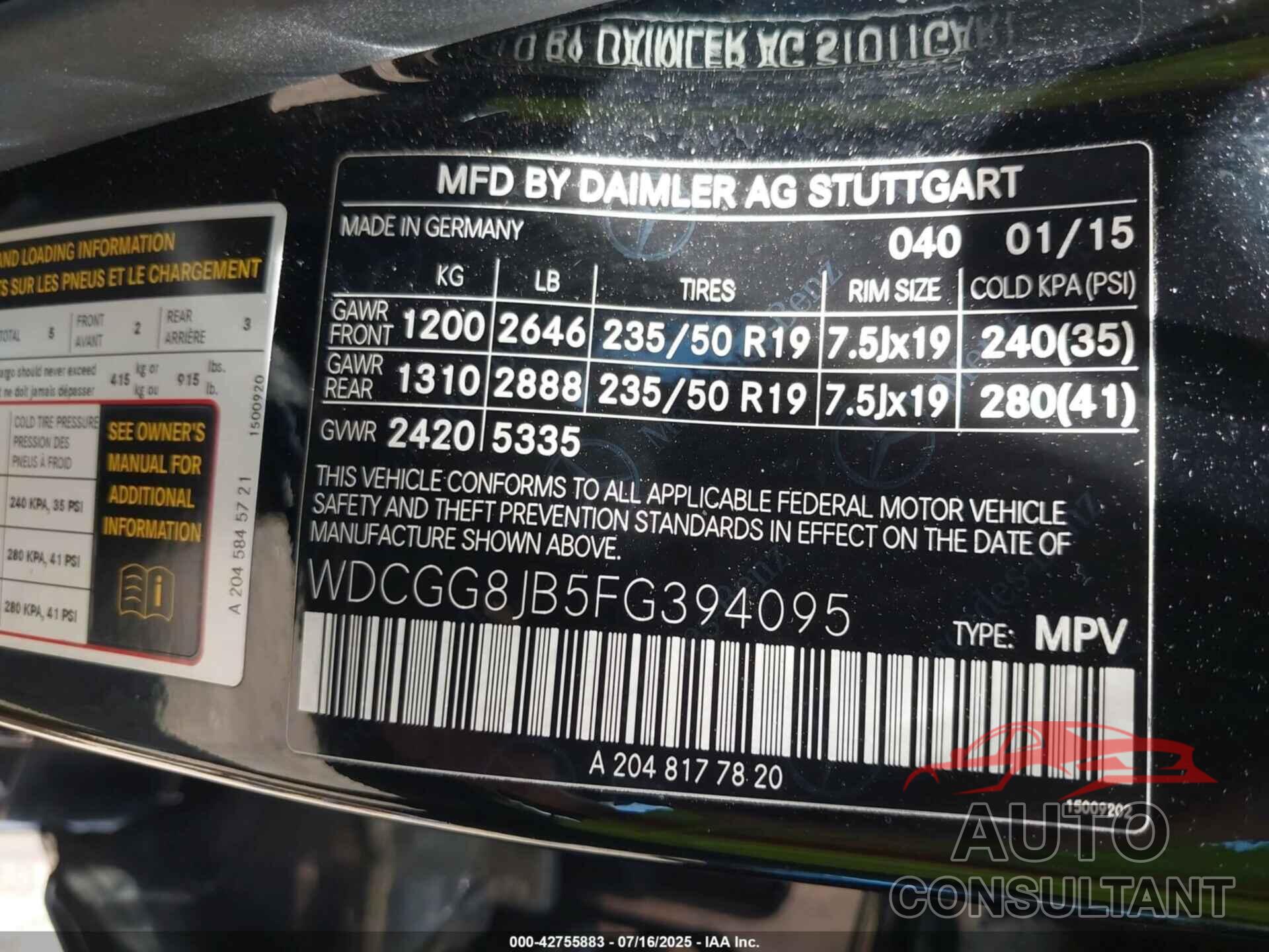 MERCEDES-BENZ GLK 350 2015 - WDCGG8JB5FG394095