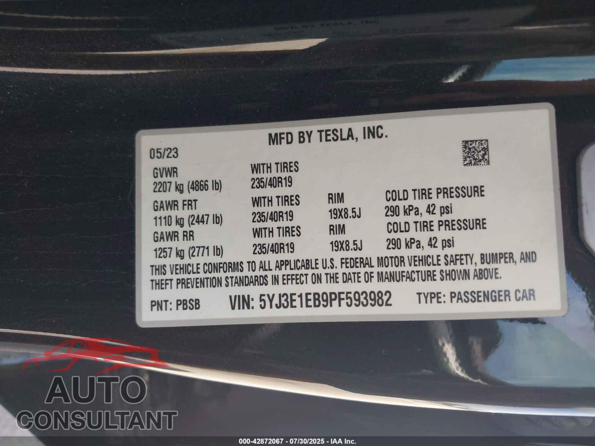 TESLA MODEL 3 2023 - 5YJ3E1EB9PF593982
