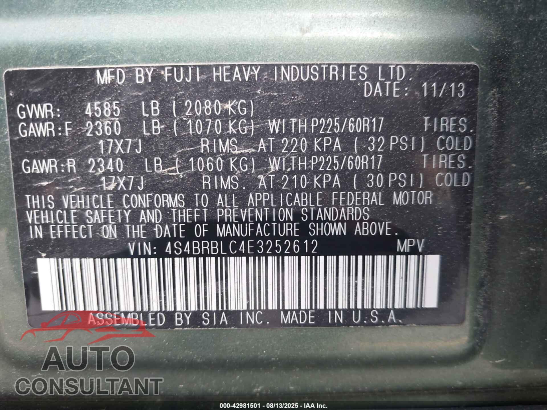 SUBARU OUTBACK 2014 - 4S4BRBLC4E3252612