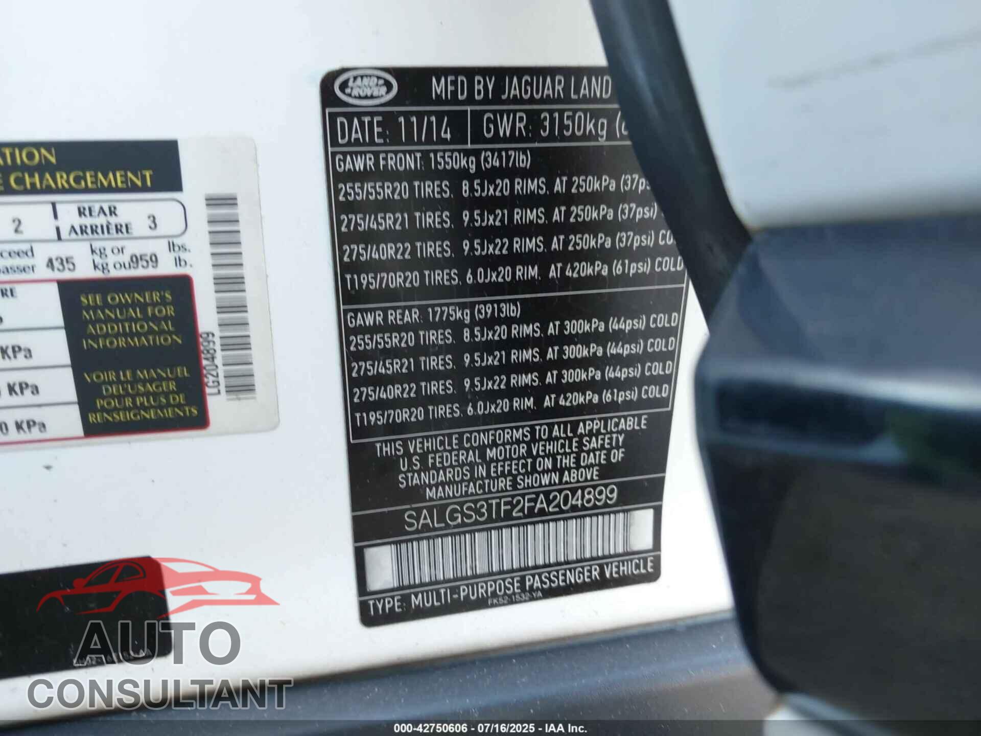 LAND ROVER RANGE ROVER 2015 - SALGS3TF2FA204899