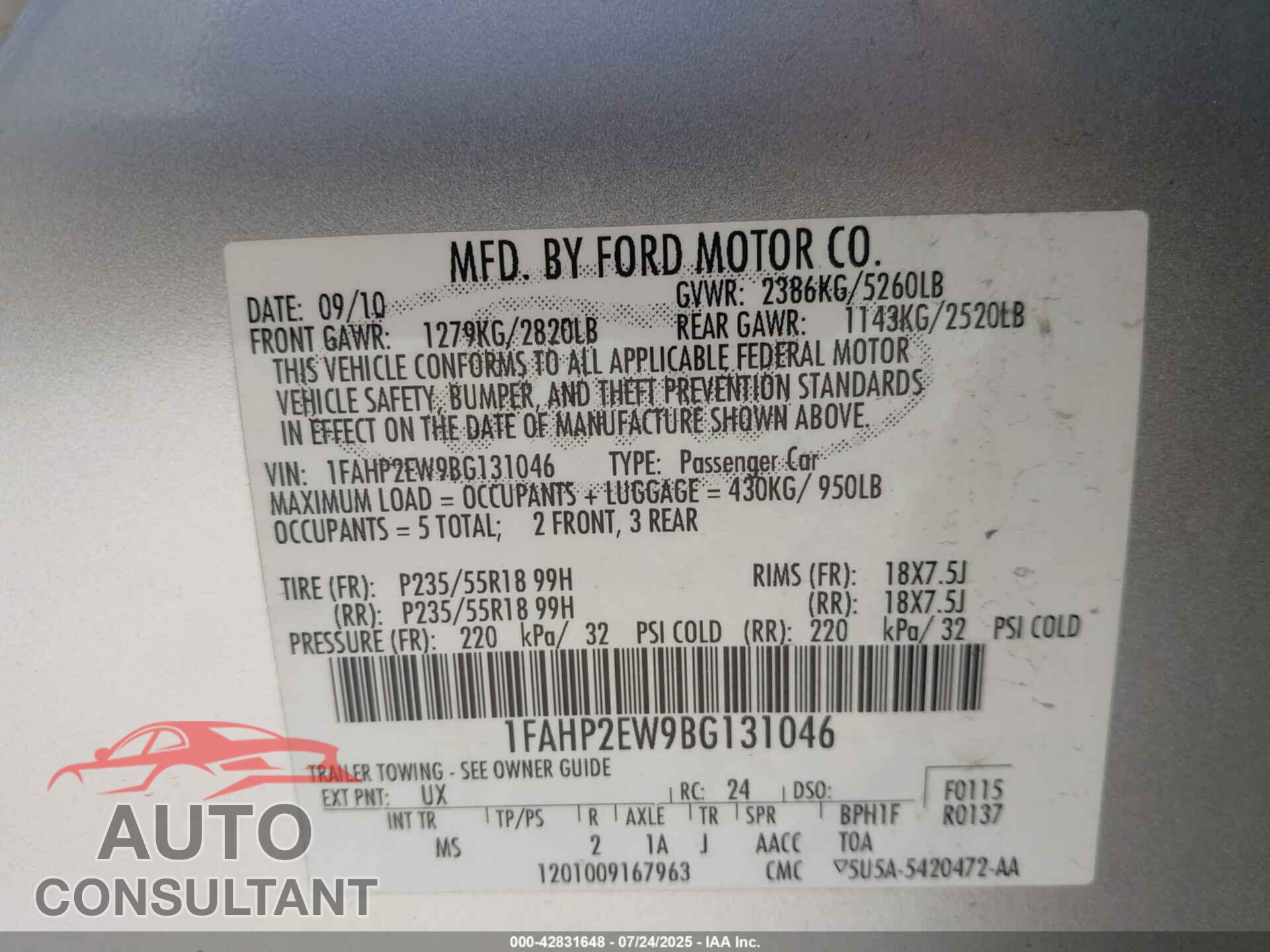 FORD TAURUS 2011 - 1FAHP2EW9BG131046