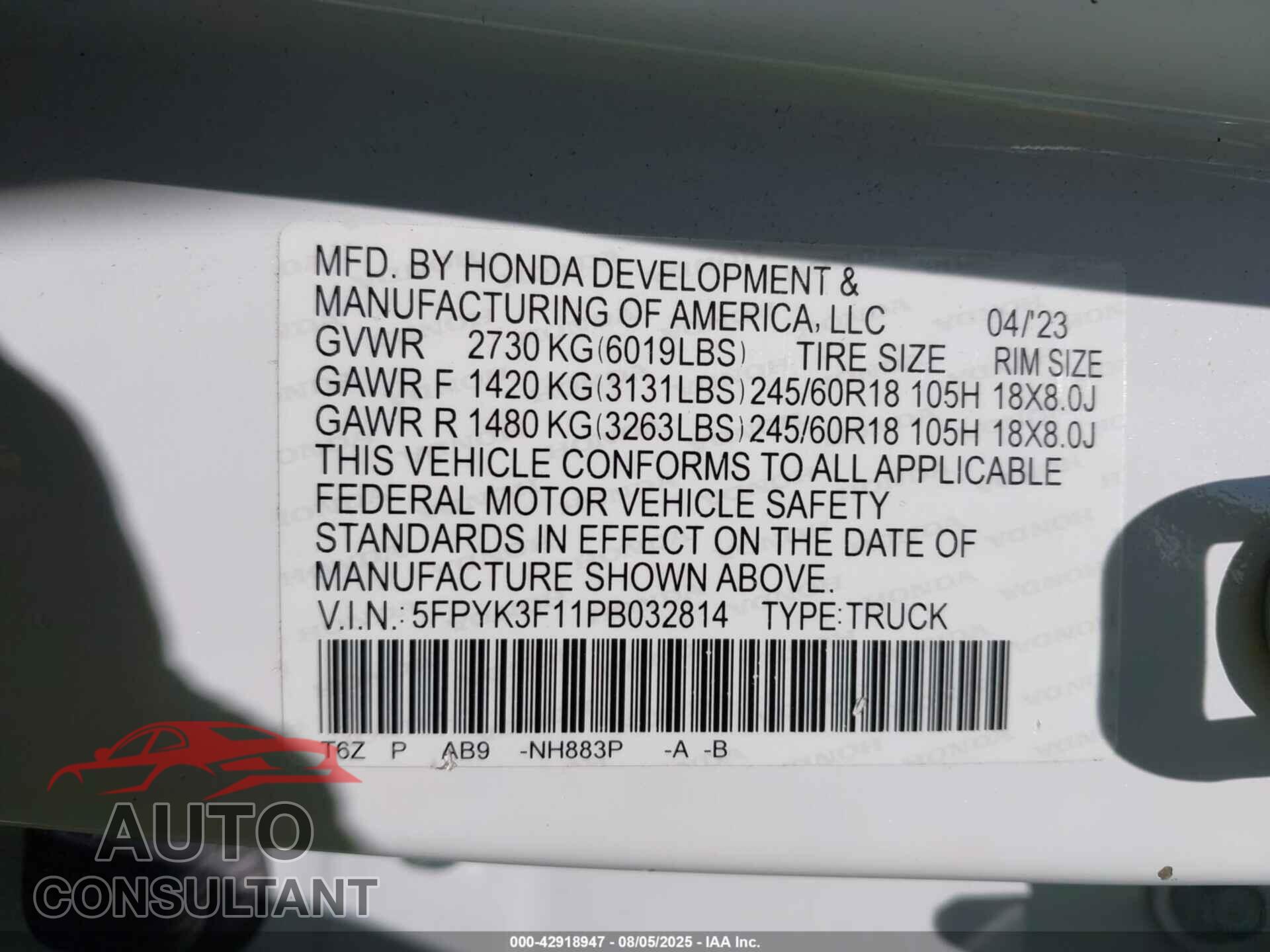 HONDA RIDGELINE 2023 - 5FPYK3F11PB032814
